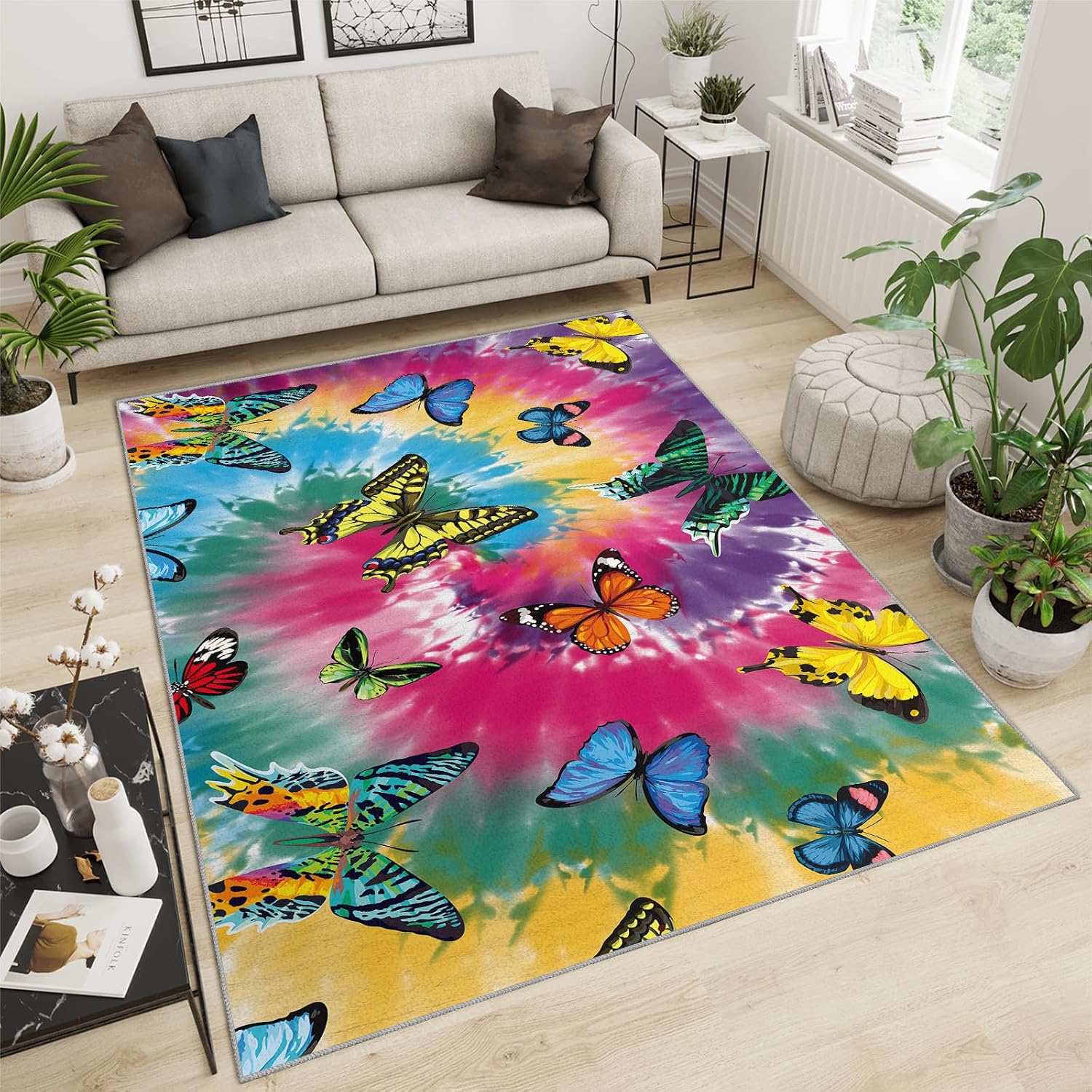 Flying Butterfly Girls Area Rug, Retro Flower Rugs for Living Room, Easy Clean Carpet Washable Indoor Non-Slip Rug for Boys and Girls Nursery Bed Living Room Carpets Nursery Decor,6 x 8ft