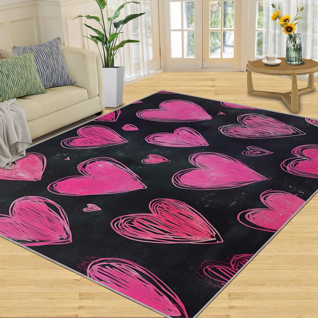 Pink Love Area Rug Large - 6x8 Rug, Black Rugs for Living Room, Romantic Area Rugs for Bedroom, Kids Washable Carpet, Love Home Decor & Gifts