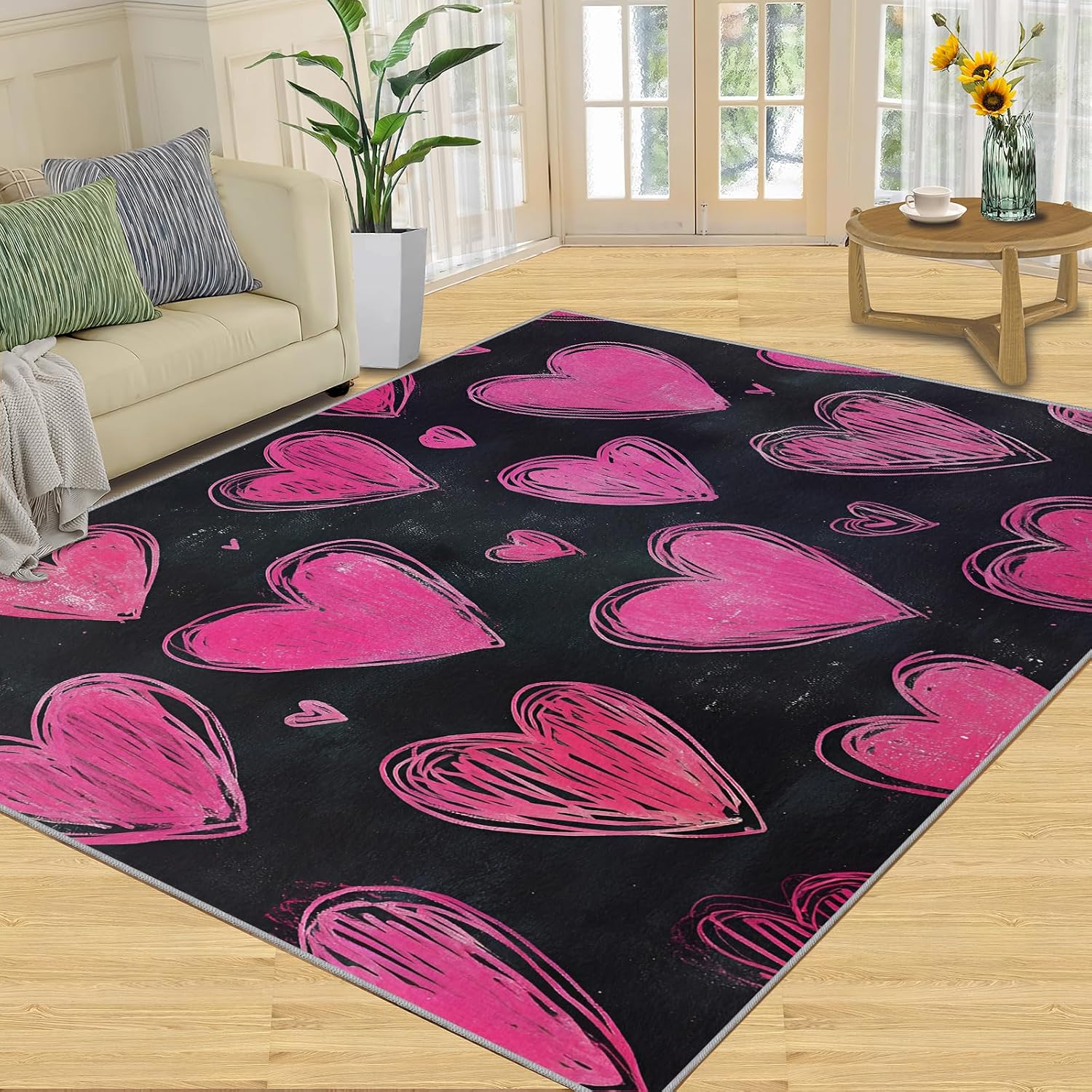 Pink Love Area Rug Large - 6x8 Rug, Black Rugs for Living Room, Romantic Area Rugs for Bedroom, Kids Washable Carpet, Love Home Decor & Gifts