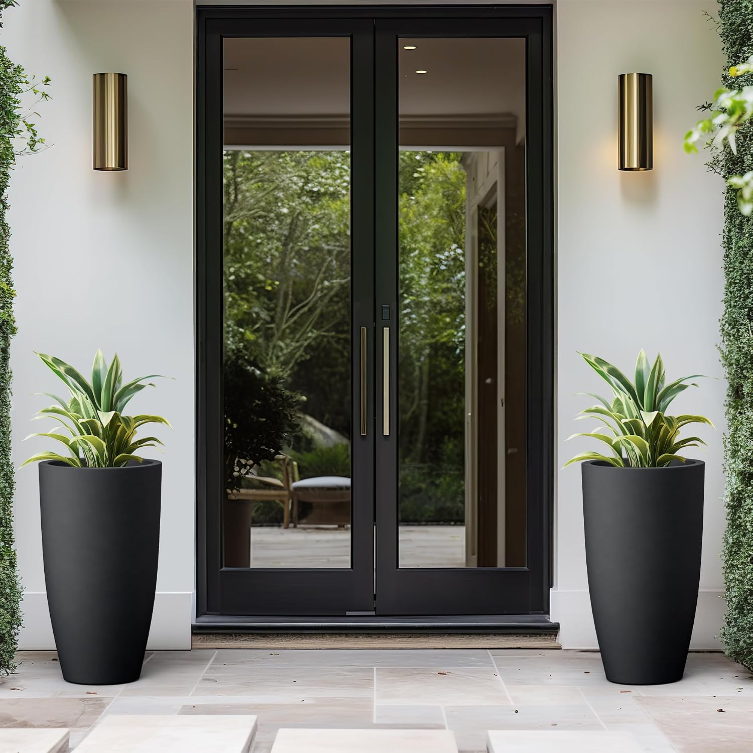 Kante 23.6' H Black Finish Concrete Tall Planters Large Outdoor Indoor Decorative Plant Pots with Drainage Hole and Rubber Plug, Modern Tapered Style for Home and Garden