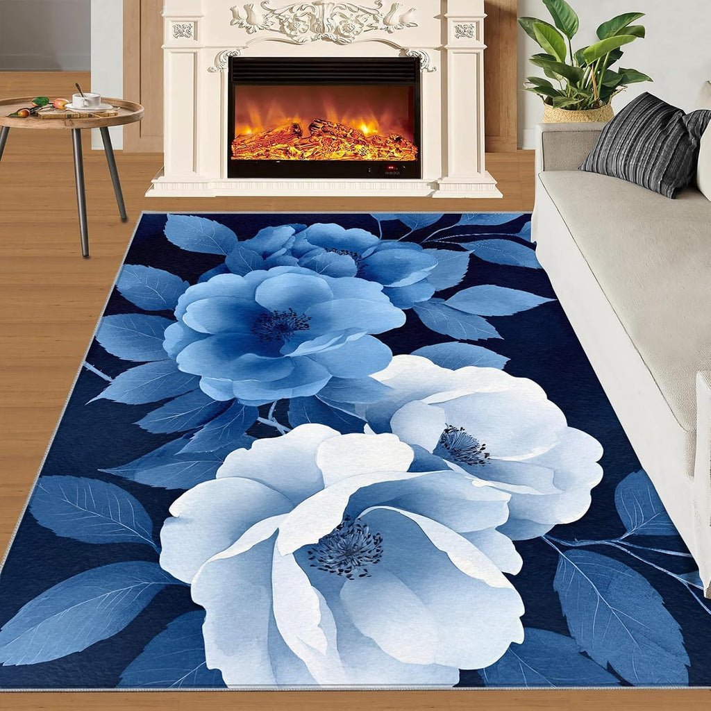 Florals Rugs for Bedroom, Simple Florals Rug 6x8, Blue Flowers Dining Room Rugs Washable & Non Slip Large Carpet for Home Decor