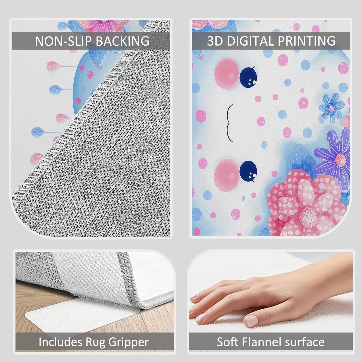 Washable Area Rug 5 x 7 ft, Cartoon Fresh Flowers Clouds Soft Print Kids Area Rugs for Living Room - Non-Slip Stain Resistance White Indoor Carpet for Bedroom Kid Nursery Playroom