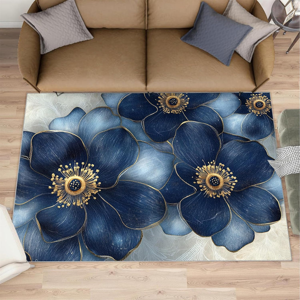 Deep Blue Florals Area Rug 6x8 - Noble Florals Large Rugs for Living Room, Elegant Flowers Carpet Area Rug for Girls Bedroom Kids Room Basement Office Classroom