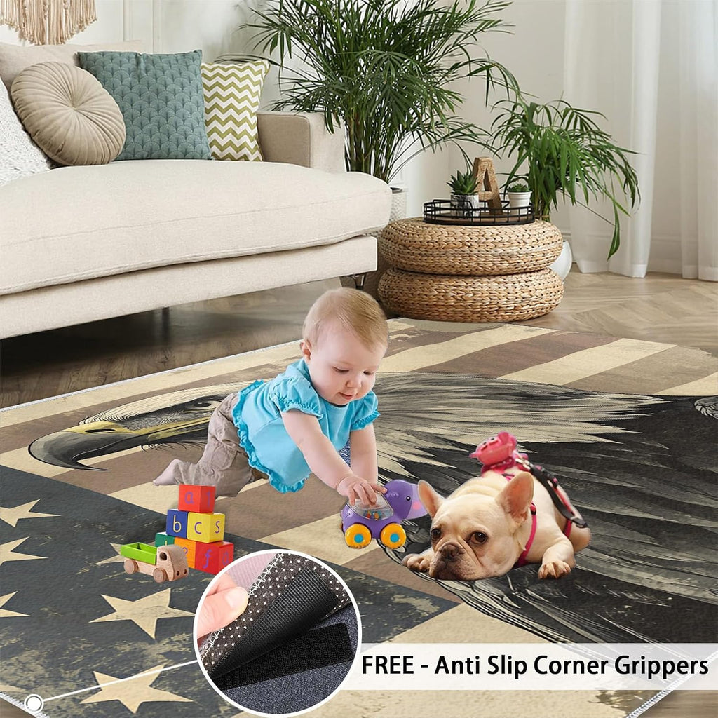 Bald Eagle Area Rug Large - 6x8 Rug, American Flag Rugs for Living Room, Retro Carpet, Patriotic Bird Washable Area Rugs for Bedroom, Bird Carpet, Bald Eagle Home Decor