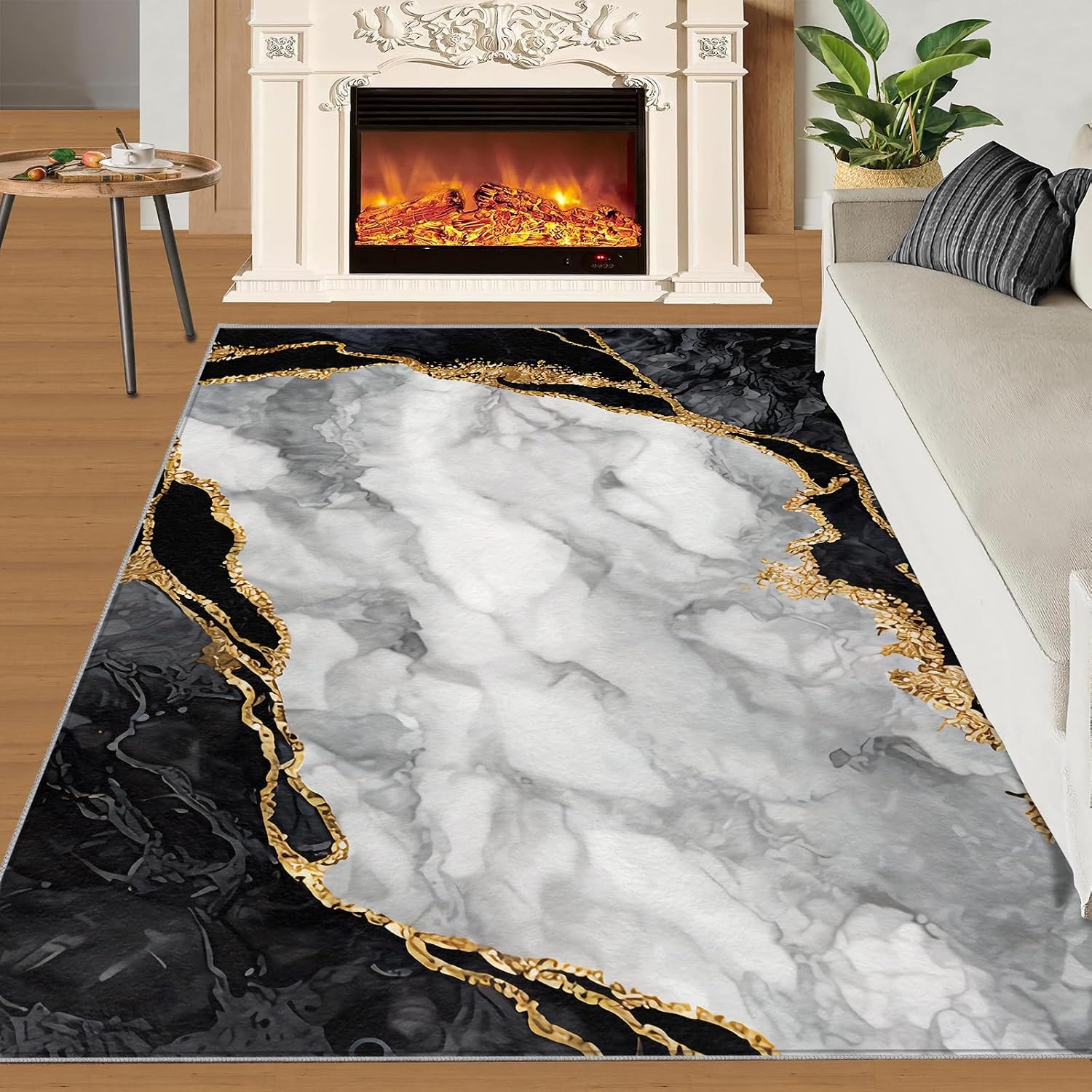 Nordic Luxury Black Gold White Area Rug, Abstract Marble Rugs for Living Room, Indoor Non-Slip Kids Rugs, Machine Washable Breathable Durable Carpet for Front Entrance Floor Decor,6 x 8ft
