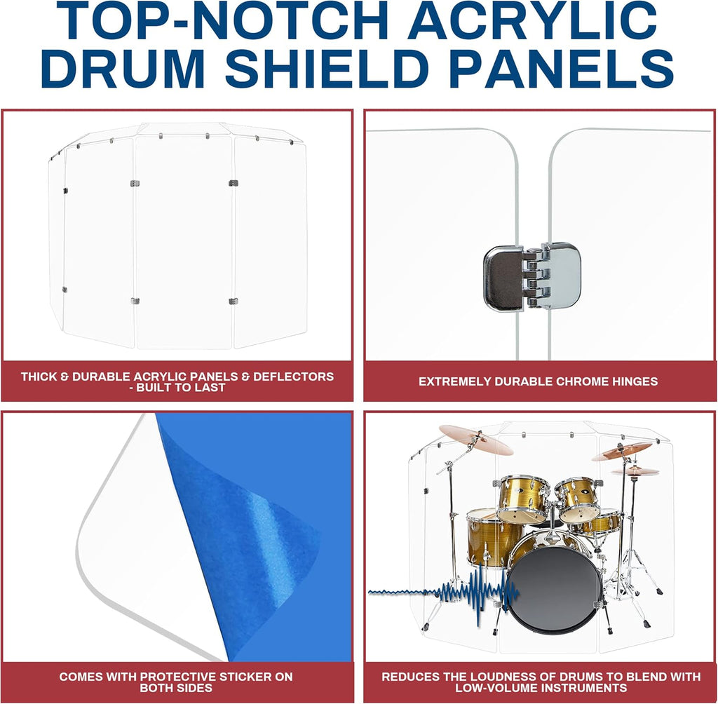 PENNZONI Drum Shield 4ft w/Deflectors & Chrome Hinges, Comes w/ 4 Drum Panels, 4 Deflectors, Chrome Hinges & Deflectors Connectors, Premium Clear Acrylic Panels
