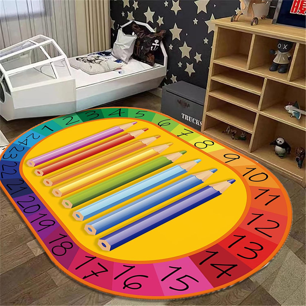 Children's Play Area Rug,6x8ft,Colored Pencil Puzzle Fun Classroom Rug, Learning Numbers Soft and Comfortable Children's Rug, Non-Slip Washable Children's Room Rug, Classroom Playroom Decoration