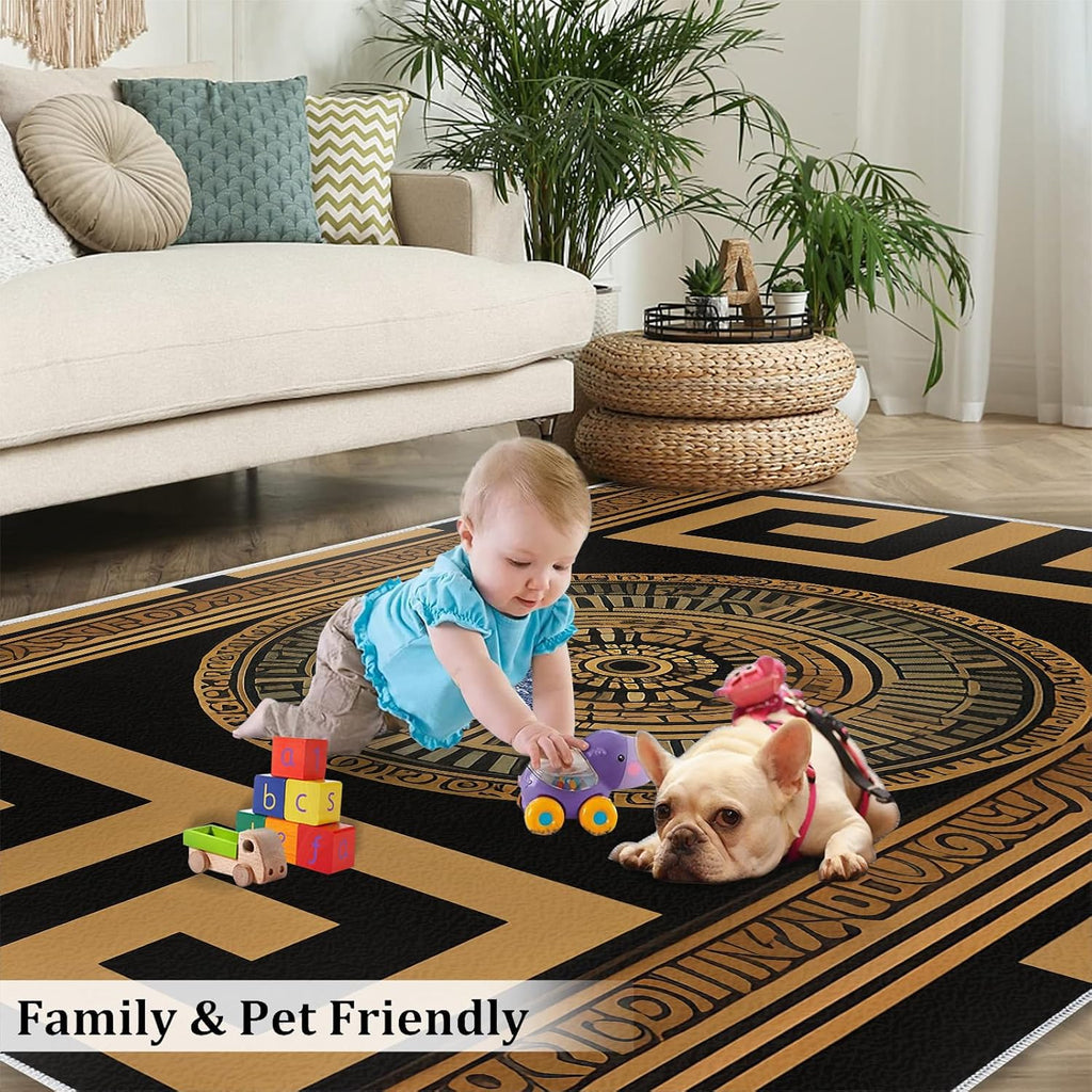 Retro Black Gold Greek Key Area Rugs, 3D Geometric Print Carpet, Indoor Non-Slip Kids Rugs, Machine Washable Breathable Durable Carpet for Front Entrance Floor Decor,6 x 8ft, Style-12