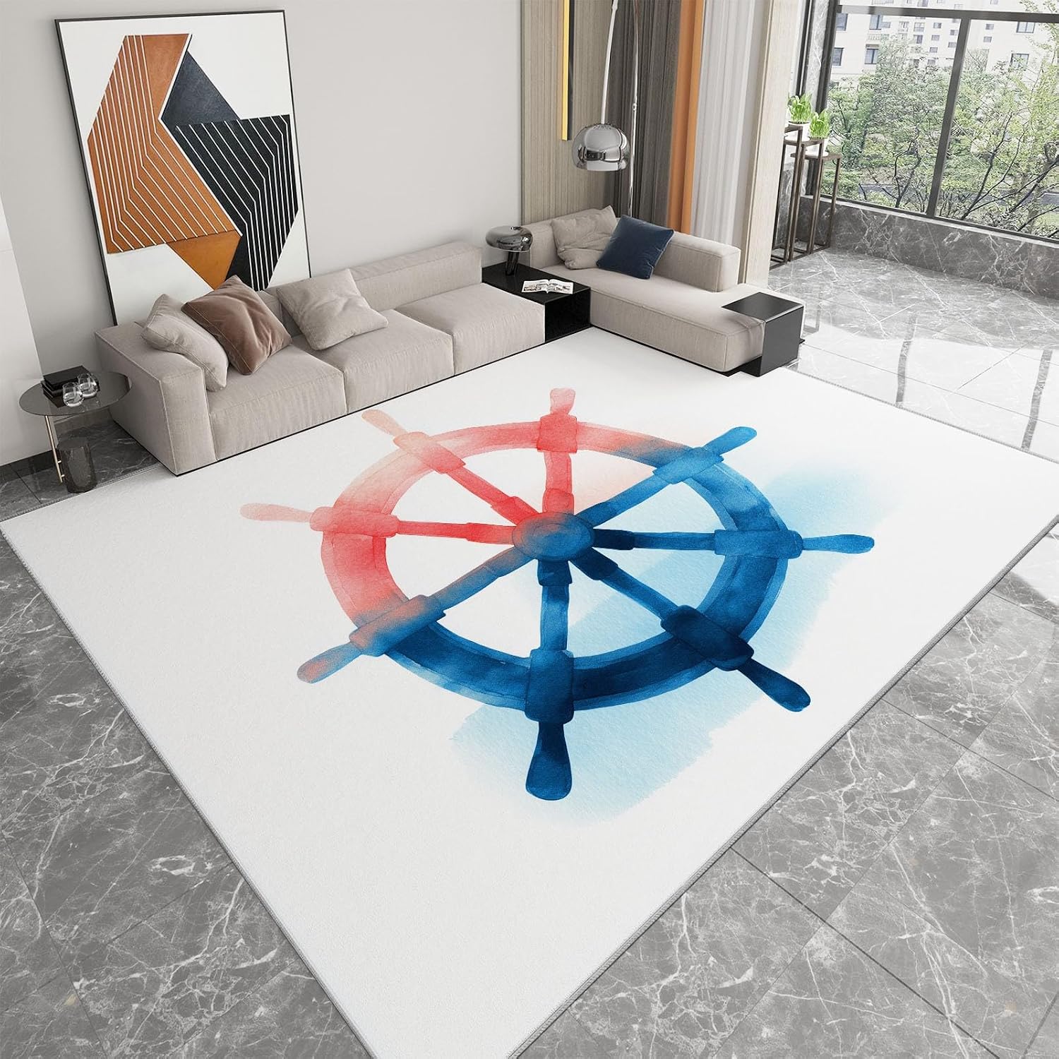 Washable Non-Slip Area Rug 5 x 7 ft, Watercolor Nautical Wheel Print Washable Rugs for Living Room - Soft Nautical Theme Low Pile Carpet for Bedroom Bedside Dining Room Nursery