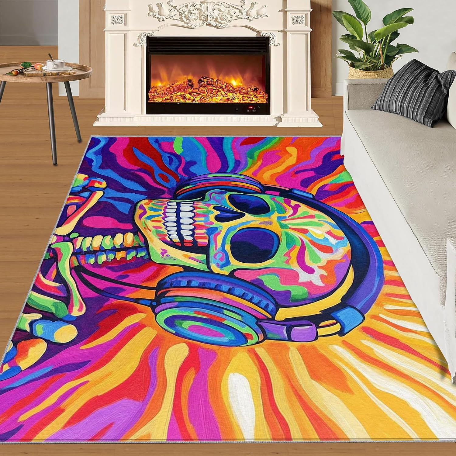 Headphone Skull Rug 6x8 - Pop Art Large Rugs for Living Room, Colorful Skeleton Carpet Area Rug for Girls Bedroom Kids Room Basement Office Classroom