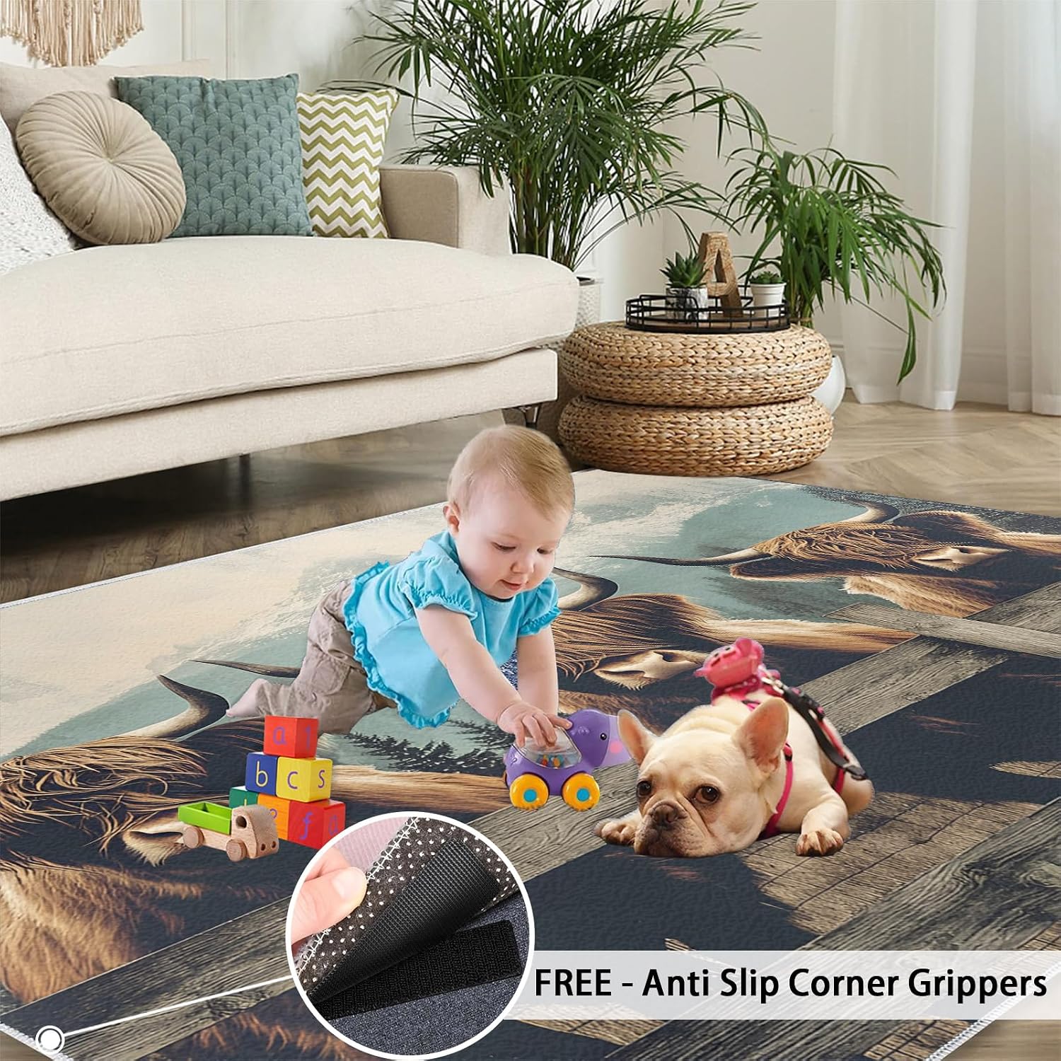 Highland Cattle Rug, Farmhouse Rugs for Bedroom 5x7 Rug, Cow Area Rug, Rugs for Living Room, Non Slip Washable Carpet for Kids Room Home Decor