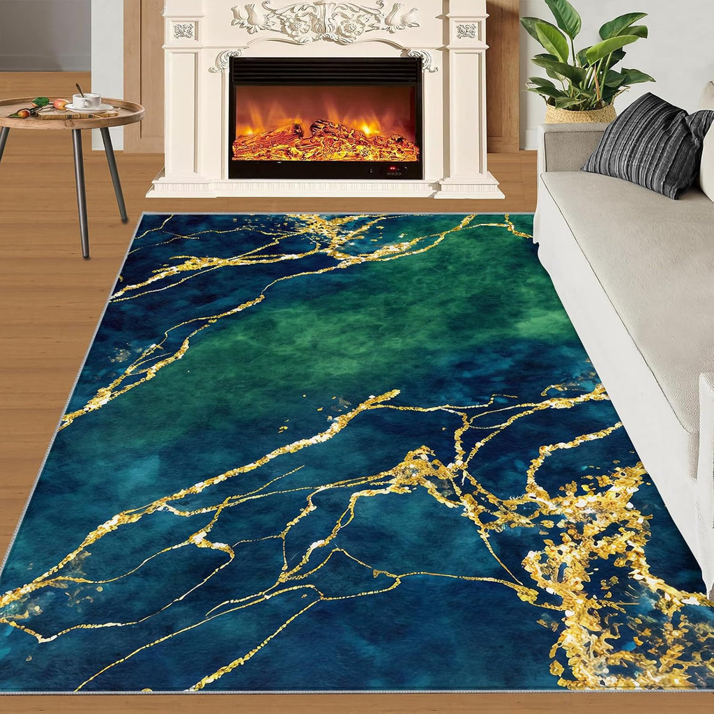 Navy Blue Stone Marble Area Rug, Gold Giltter Rugs for Living Room, Indoor Non-Slip Kids Rugs, Machine Washable Breathable Durable Carpet for Front Entrance Floor Decor,6 x 8ft