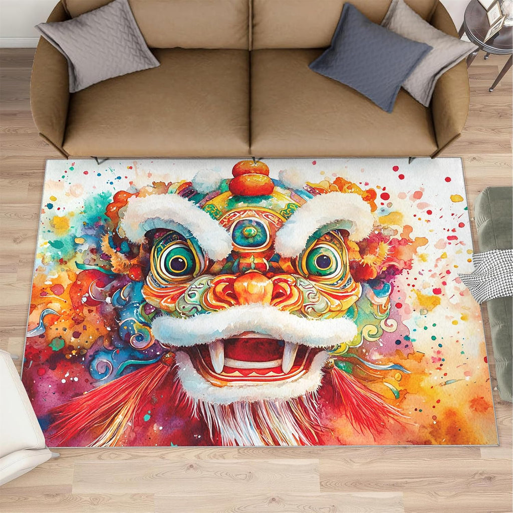 Chinese Tradition Rugs for Bedroom, Lion Dance Rug 6x8, Chinese New Year Decor Dining Room Rugs Washable & Non Slip Large Carpet for Home Decor