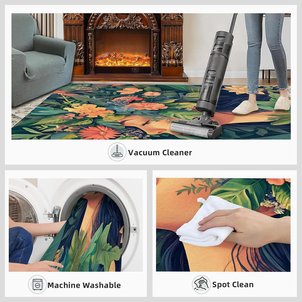 6x8 Florals Garland Woman Area Rug - Flowers Large Rugs for Living Room, Natural Plants Carpet Area Rug for Girls Bedroom Kids Room Basement Office Classroom