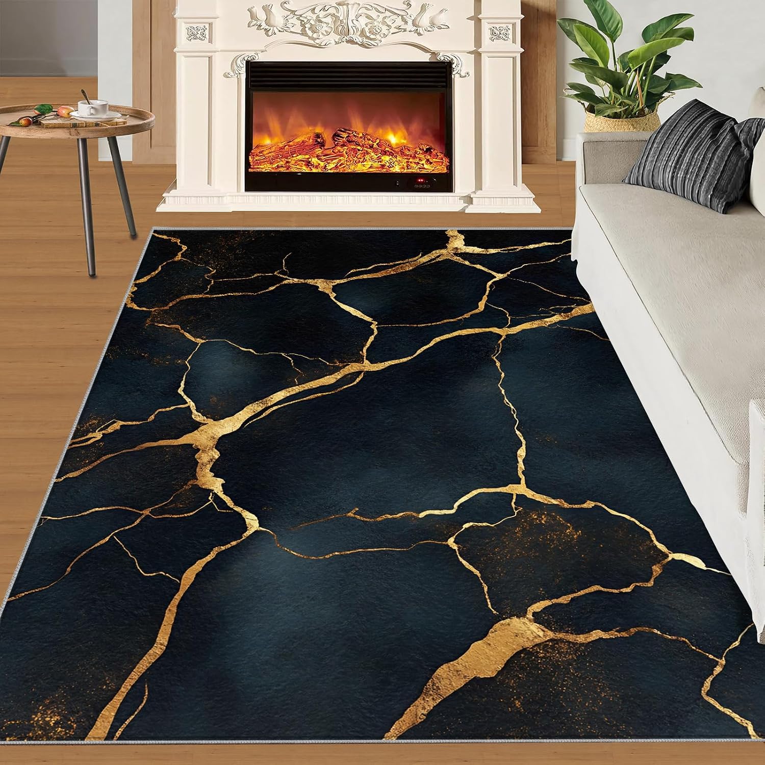 Abstract Cracks Rug 6x8 - Gold Line Texture Large Rugs for Living Room, Modern Irregular Art Carpet Area Rug for Girls Bedroom Kids Room Basement Office Classroom