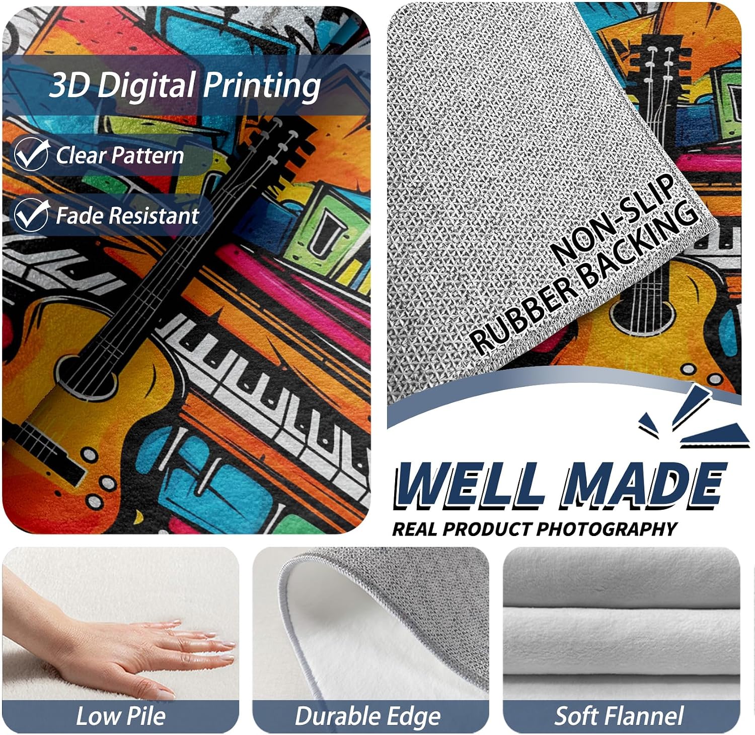 Music Rug 8x10 - Guitar Area Rugs for Living Room Bedroom - Music Room Carpet - Washable Non Slip Stain Resistant - Graffiti Home Decor & Gifts