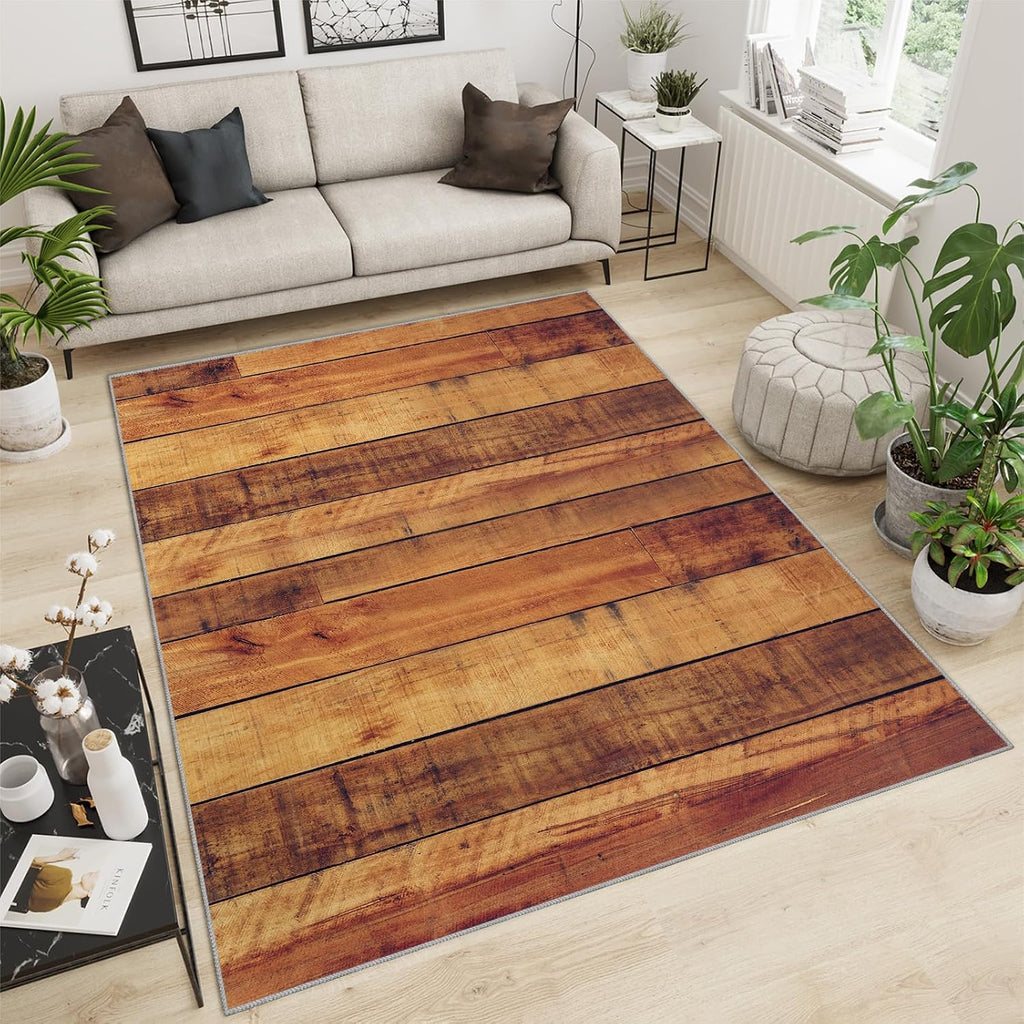 Modern Stylish Wood Grain Area Rug, Farm Plank Wood Grain Rugs for Living Room, Indoor Non-Slip Kids Rugs, Machine Washable Breathable Durable Carpet for Front Entrance Floor Decor,6 x 8ft
