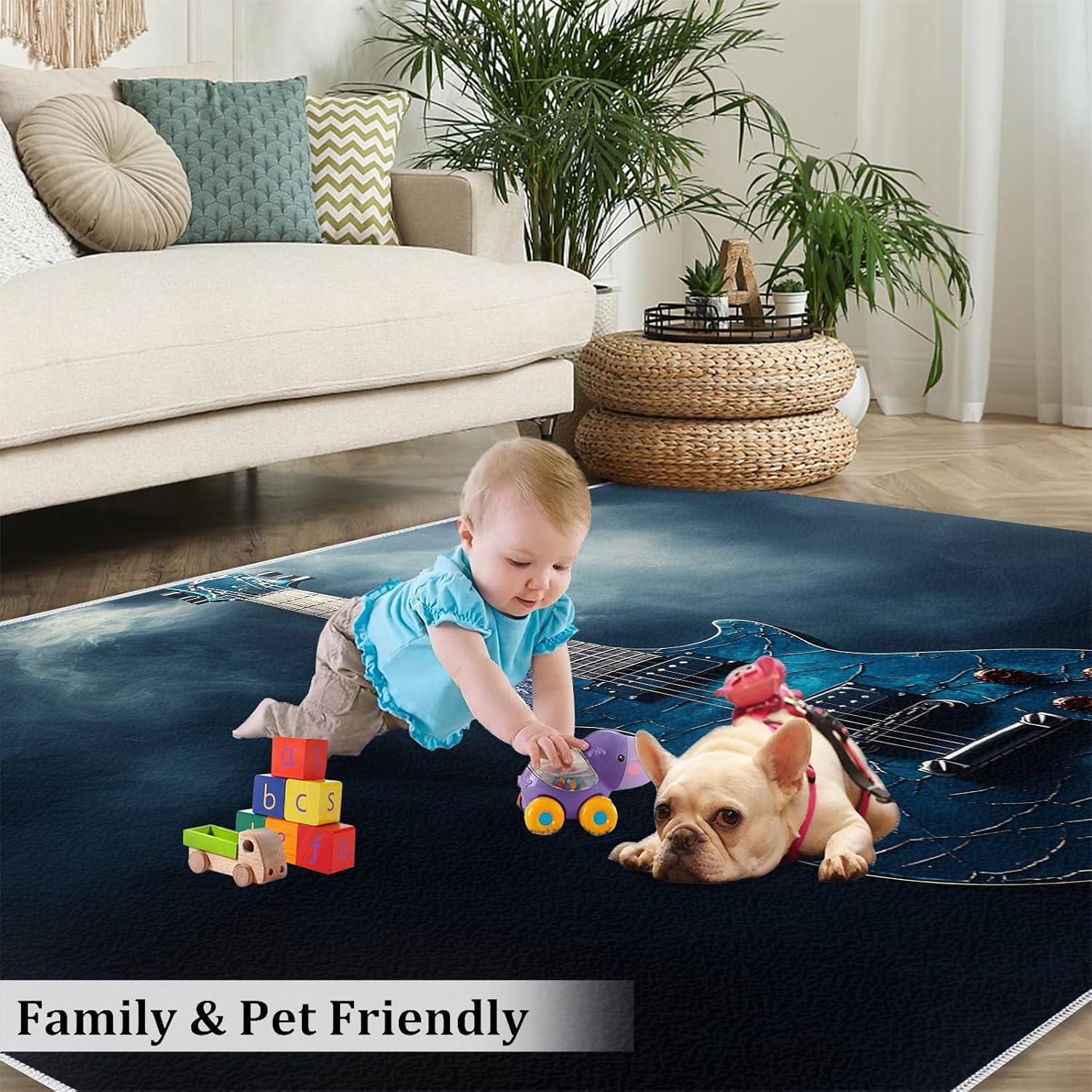 Drums Rug & Home Decor - 5x7 Rug, Blue Rugs for Bedroom, Hip Hop Washable Rugs for Living Room, Musical Carpet, Non Slip Indoor Drums Floor Mats & Music Room Decor