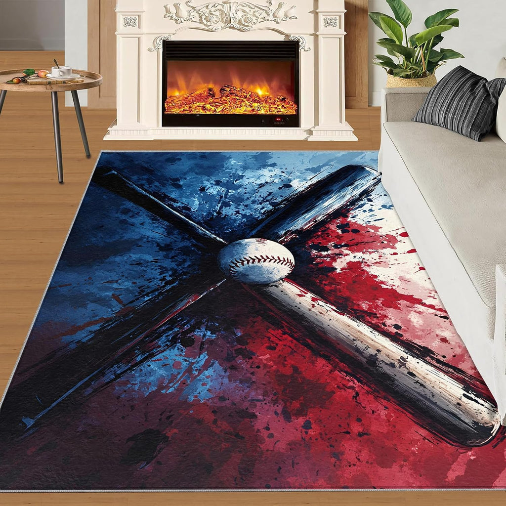 Baseball Rugs for Bedroom, Baseball Bat Graffiti Rug 6x8, Children's Sports Dining Room Rugs Washable & Non Slip Large Carpet for Home Decor