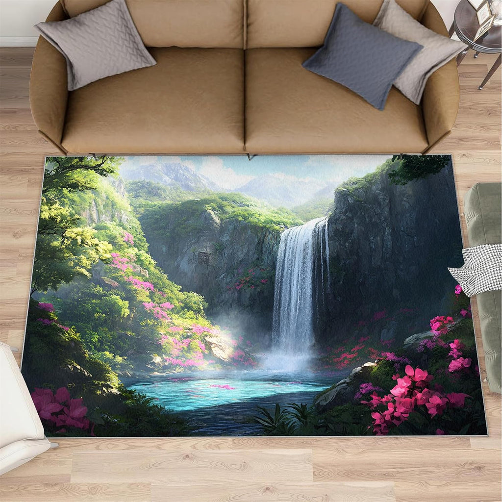 Nature Landscape Rug 6x8-6x8 Rug, Waterfall Area Rugs for Living Room, Natural Scenery Rugs for Bedroom, Mountain Non-Slip Mat, Landscape Home Decor & Gifts