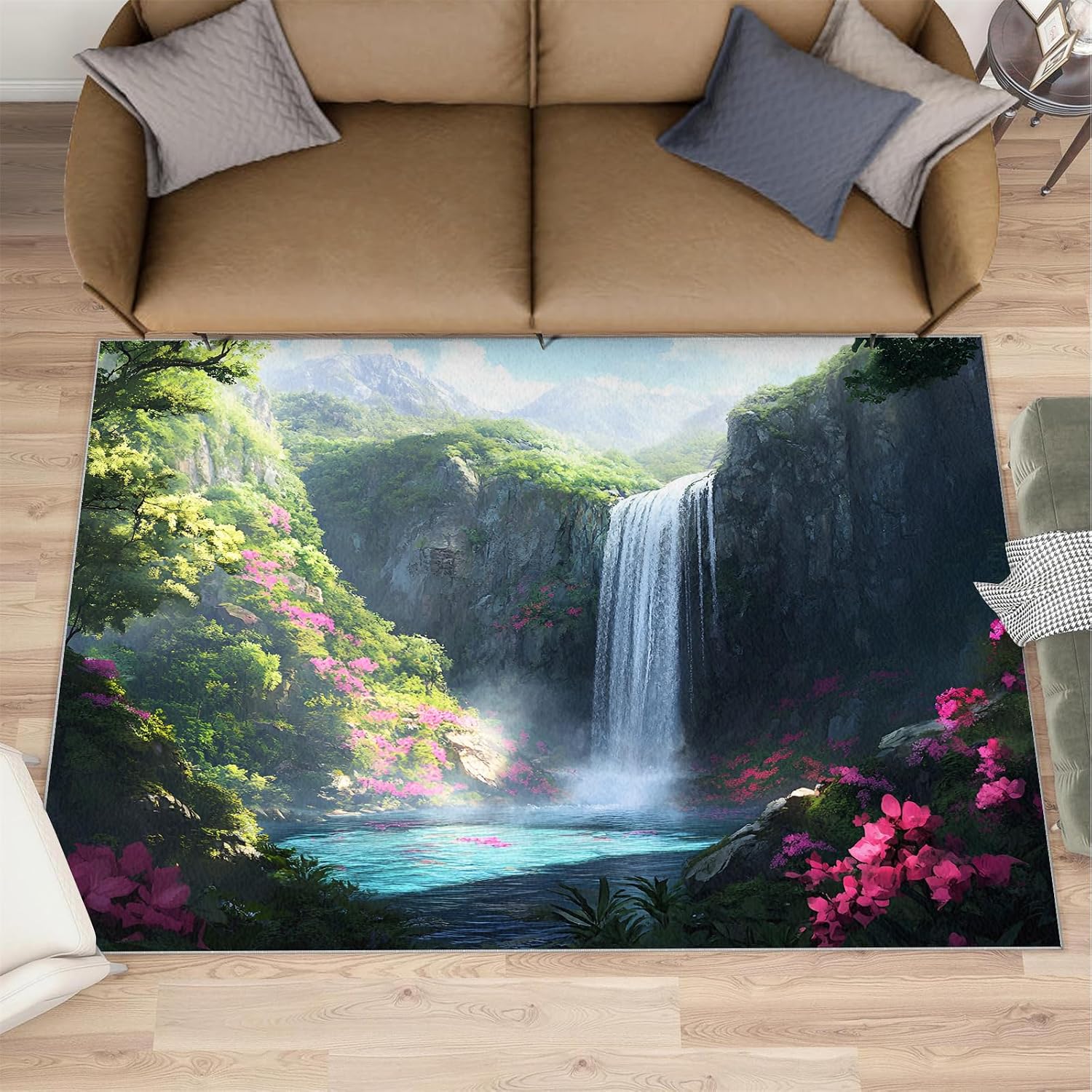 Nature Landscape Rug 6x8-6x8 Rug, Waterfall Area Rugs for Living Room, Natural Scenery Rugs for Bedroom, Mountain Non-Slip Mat, Landscape Home Decor & Gifts