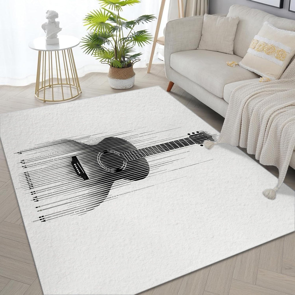 White Washable Area Rug 5' x 7', Abstract Guitar Instrument Black Print Low Pile Carpet 5 x 7 ft Non-Shedding - Non-Slip Robot Vacuum Compatible Rug for Living Room, Office & Home