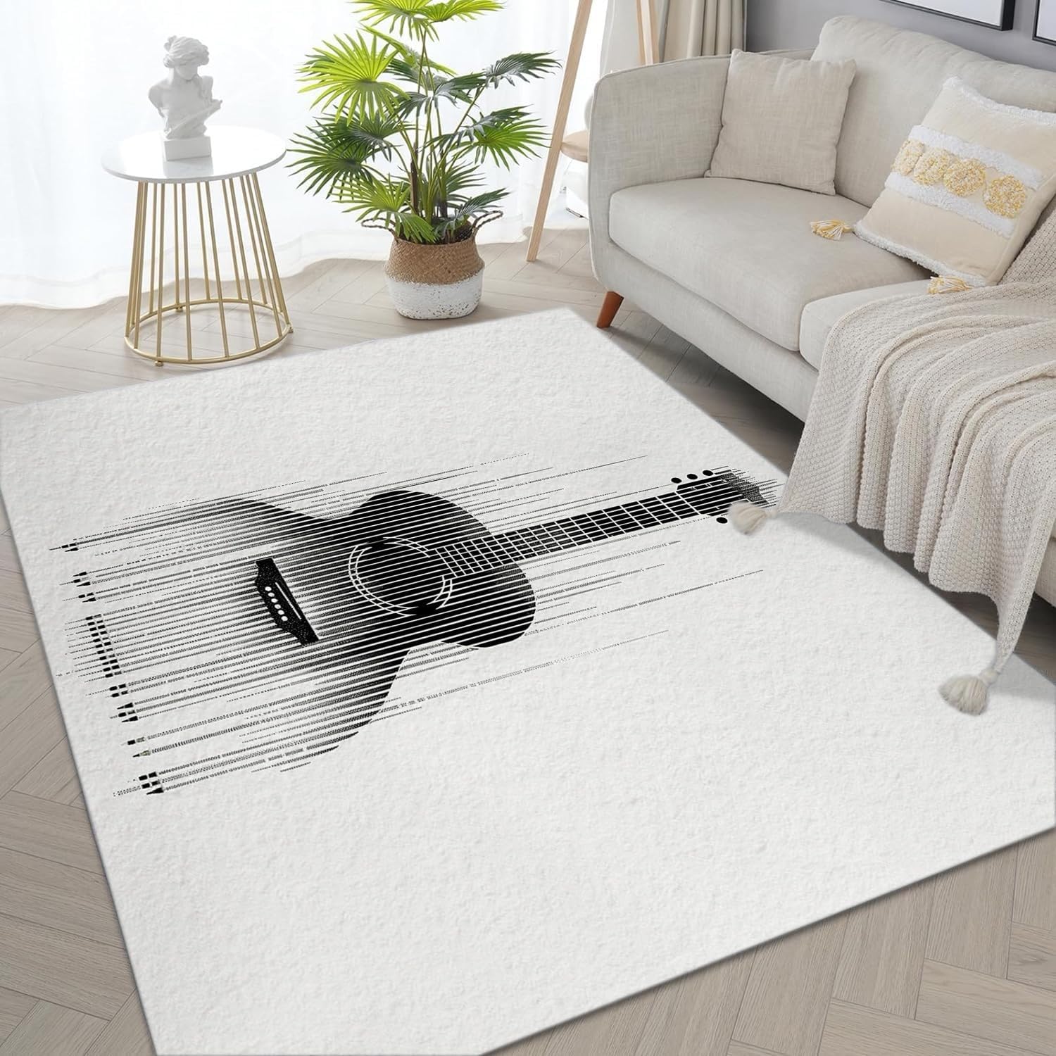 White Washable Area Rug 5' x 7', Abstract Guitar Instrument Black Print Low Pile Carpet 5 x 7 ft Non-Shedding - Non-Slip Robot Vacuum Compatible Rug for Living Room, Office & Home