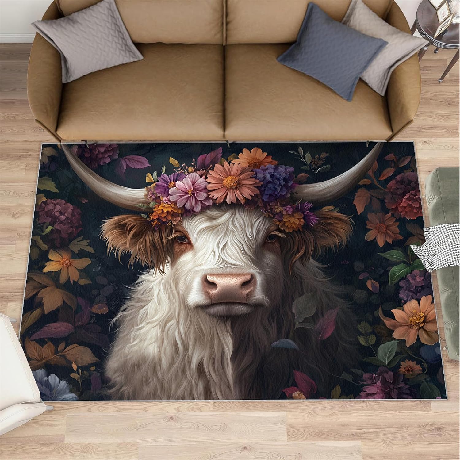 Cow Rug 6x8, Flowery Cow Rugs for Bedroom, Farm Animals Rugs for Living Room, Non Slip Area Rug, Housewarming Gifts & Indoor Floor Mats