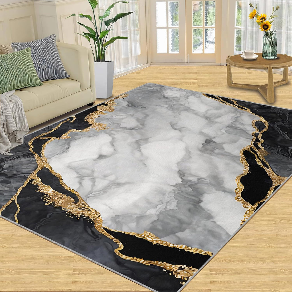Nordic Luxury Black Gold White Area Rug, Abstract Marble Rugs for Living Room, Indoor Non-Slip Kids Rugs, Machine Washable Breathable Durable Carpet for Front Entrance Floor Decor,6 x 8ft