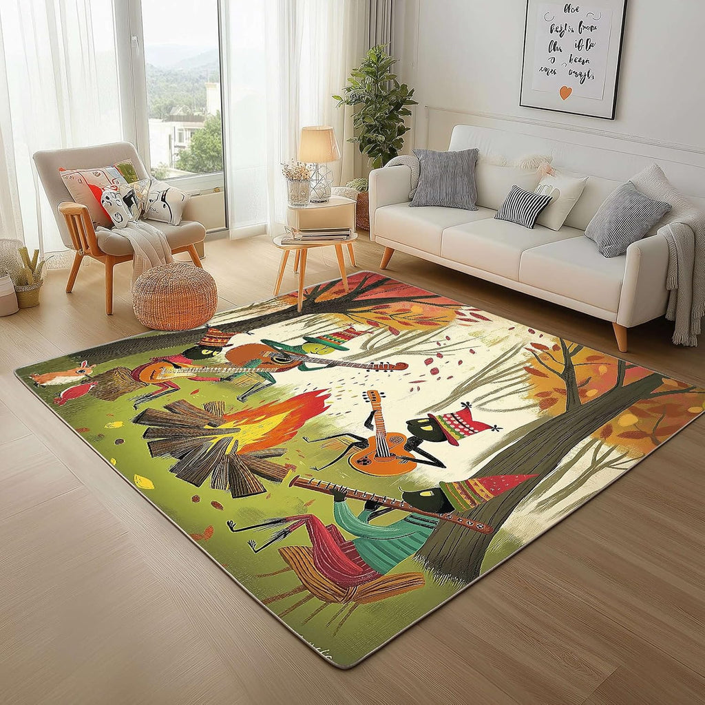 Anime Ants Washable Area Carpet 5x6ft Musical Instrument Guitar Living Room Rugs Non-Slip Rugs Green Bedroom Rug Decorative Carpet, for Dining Room Dormitory Washable Rug