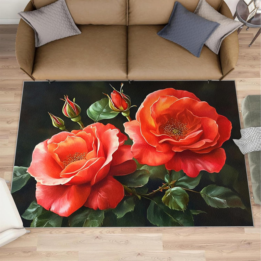 Floral Rugs for Bedroom - 6x8 Rug, Red Flower Area Rugs for Living Room, Flower Carpet, Black and Red Washable Area Mat, Aesthetic Carpet, Floral Home Decor & Gifts