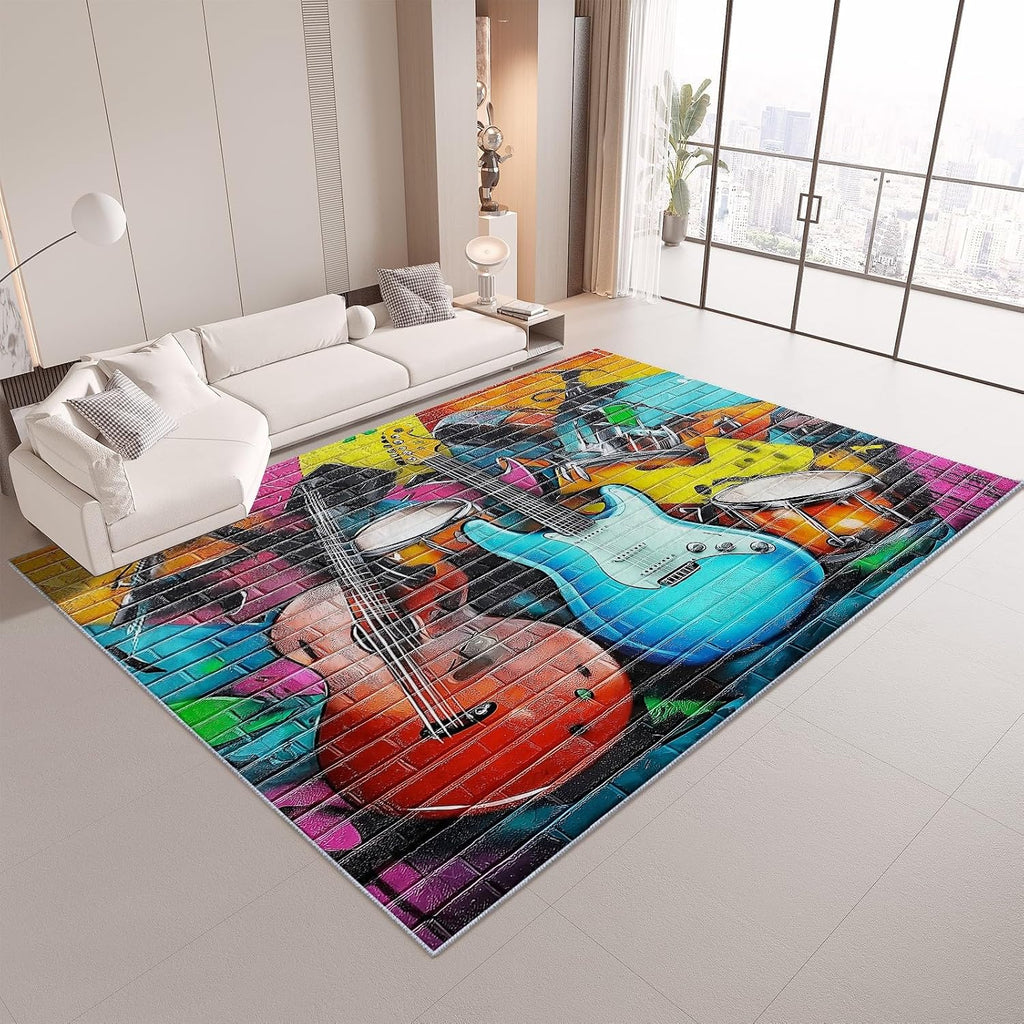 Area Rugs for Living Room 5x7 ft Colorful Graffiti Guitar Washable Non-Slip Rug, Modern Low Pile Soft Indoor Print Carpet for Bedroom Dining Room Farmhouse Home Office