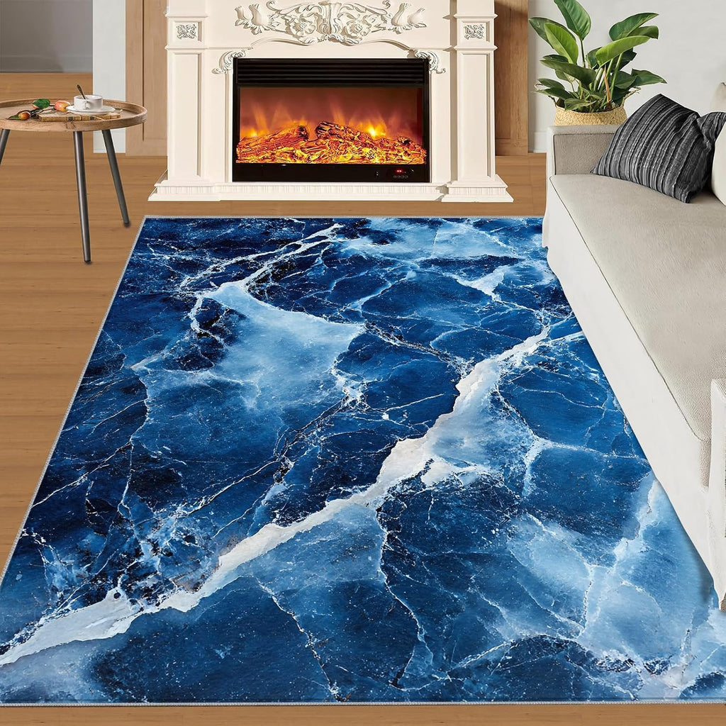 Blue Marble Rug 6x8, Marble Rugs for Bedroom, Cracked Agate Area Rug, Home Decor Rugs for Living Room, Non-Slip Machine Washable Carpet