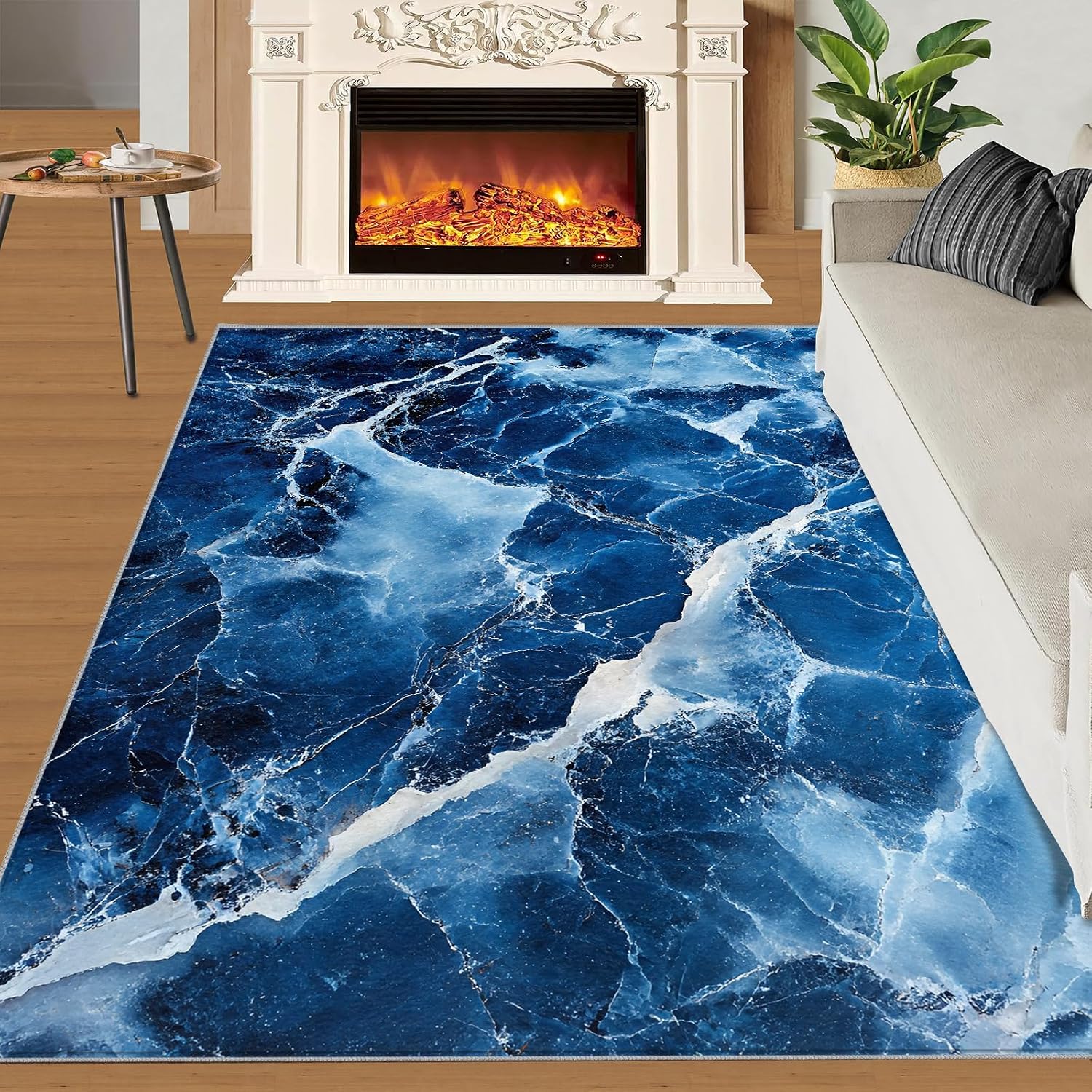 Blue Marble Rug 6x8, Marble Rugs for Bedroom, Cracked Agate Area Rug, Home Decor Rugs for Living Room, Non-Slip Machine Washable Carpet