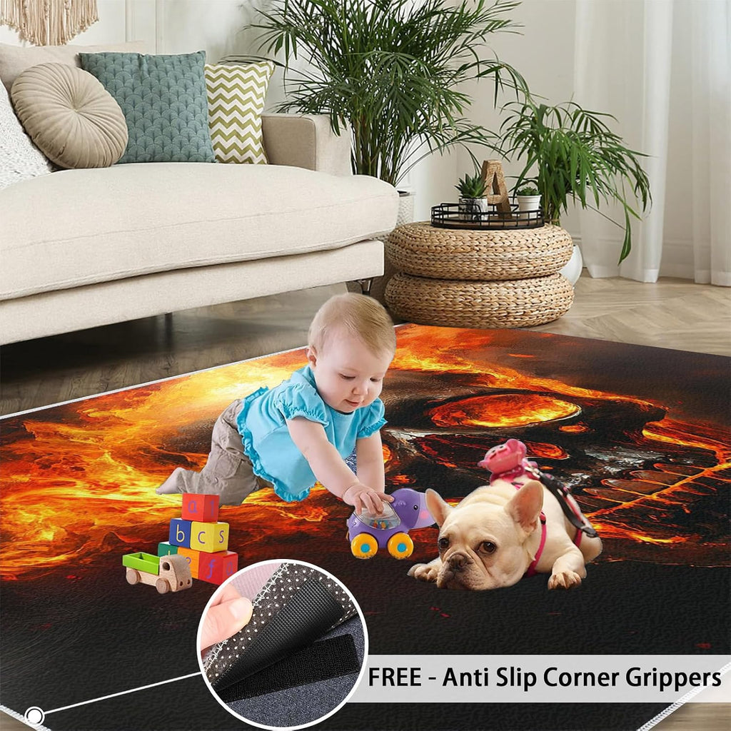 Skull Rugs for Bedroom - 6x8 Rug, Gothic Area Rugs for Living Room, Flame Carpet, Halloween Washable Area Mat, Skull Carpet, Halloween Home Decor & Gifts