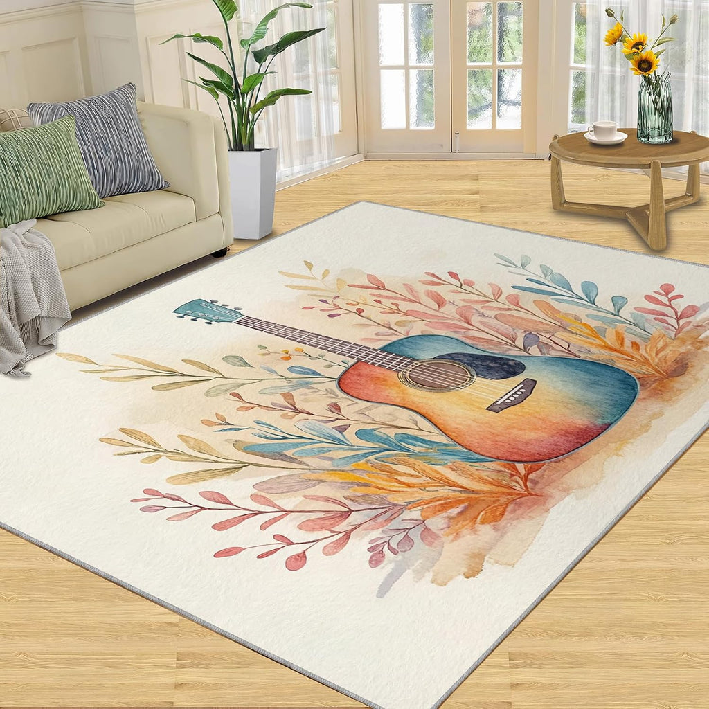 Guitar Rug Large - 8x10 Rug, Boho Floral Washable Rugs for Living Room, Music Carpet, Botanical Non-Slip Area Rugs for Bedroom, Kids Carpet, Guitar Home Decor