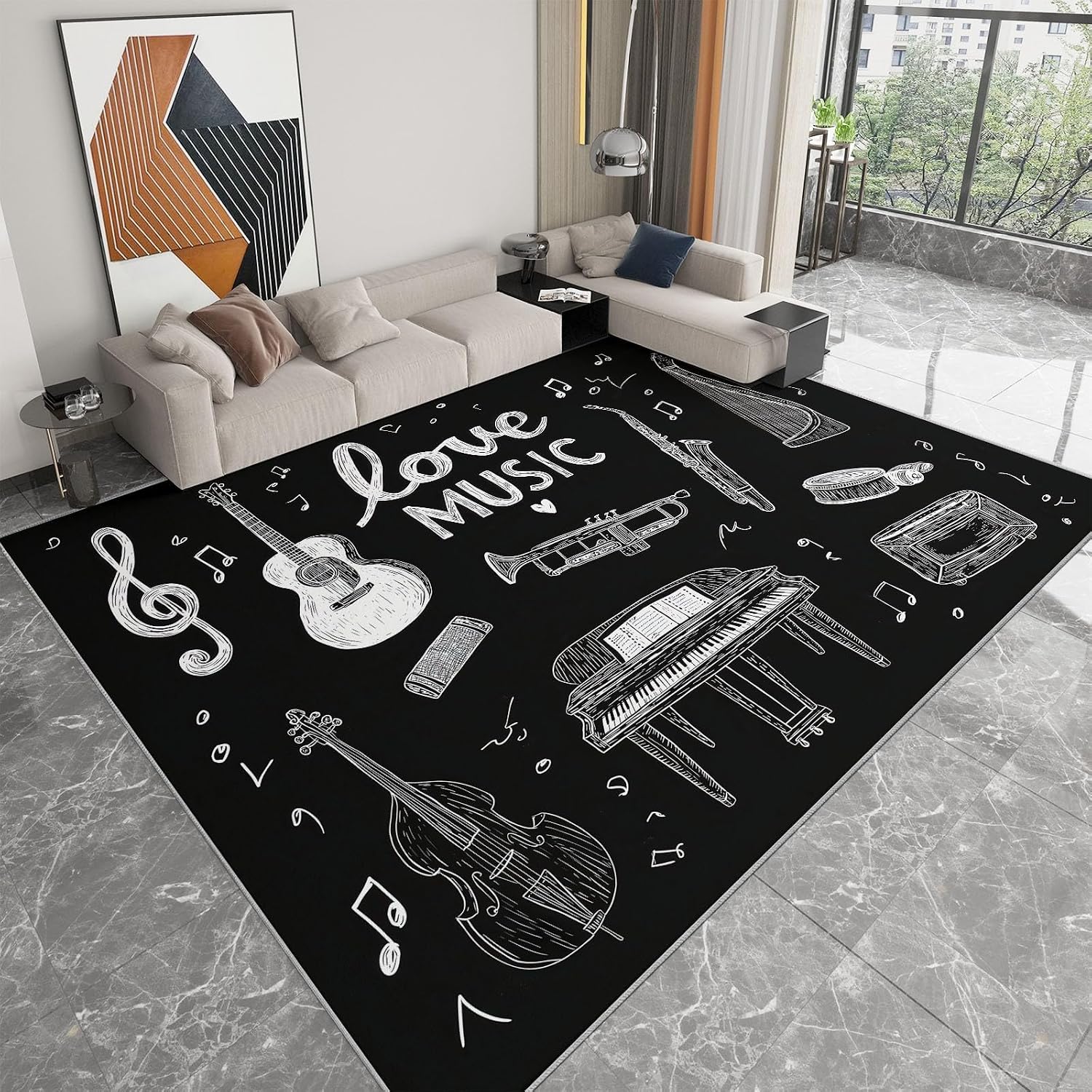 Low-Pile Rug Hand-Drawn Instruments Guitar Piano Drums 6 x 8 ft Area Rug, Black Non-Slip Carpet Floor Mat Indoor Outdoor Rugs for Living Room Bedroom Kids Room Home Decor Throw Runner