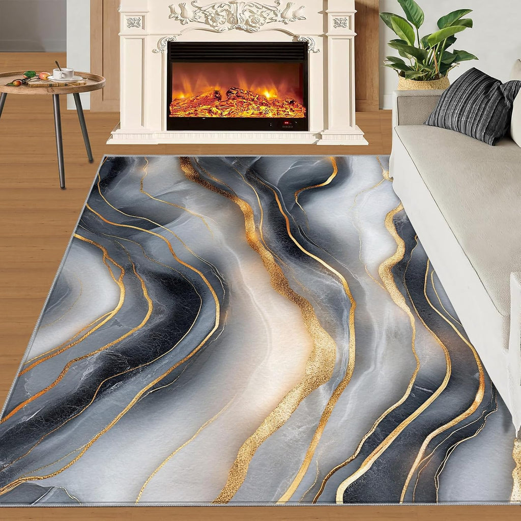Abstract Lines Rug 6x8 - Wavy Shapes Large Rugs for Living Room, Luxurious Marble Carpet Area Rug for Girls Bedroom Kids Room Basement Office Classroom