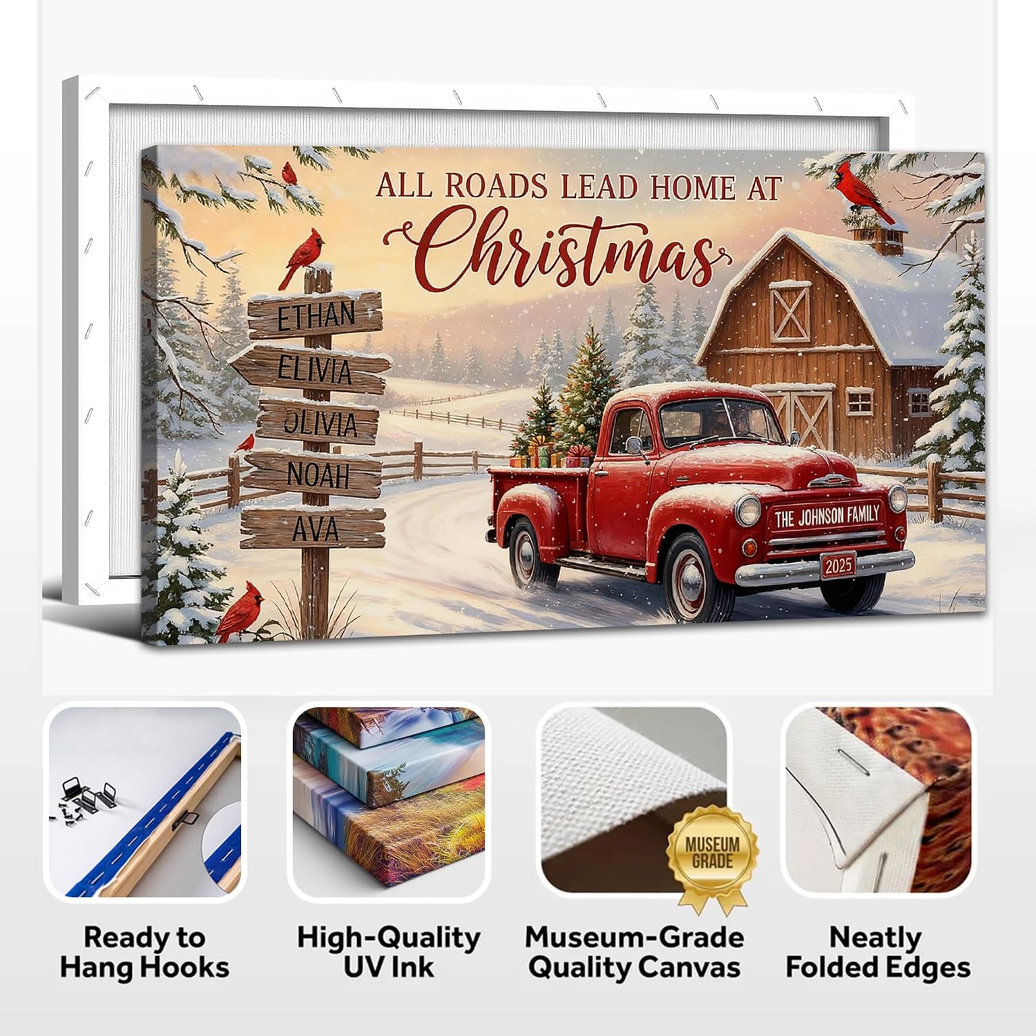GUTTATY Personalized Christmas Canvas Wall Art, Customized Holiday Canvas Prints with Family Name and Signposts, Rustic Red Truck Winter Farm Scene Wall Decor Poster for Living Room, 30x60 Inch
