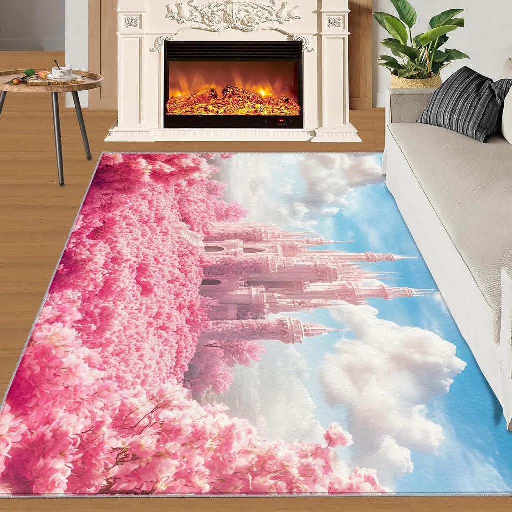 Fairy Castle Rugs for Bedroom, Pink Castle Rug 6x8, Romantic Fairy Tale Dining Room Rugs Washable & Non Slip Large Carpet for Home Decor