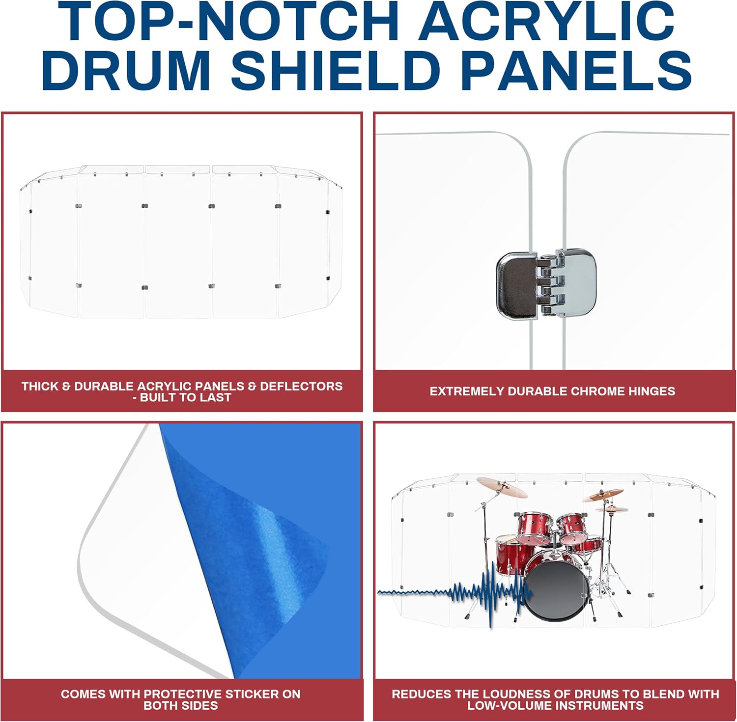 PENNZONI Drum Shield 4ft w/Deflectors & Chrome Hinges, Comes w/ 7 Drum Panels, 7 Deflectors, Chrome Hinges & Deflector Connectors, Premium Clear Acrylic Panels