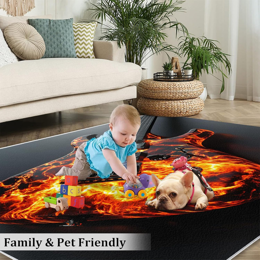 Microphone Rug for Bedroom 6x8 Rug Cartoon Music Rugs, Music Lover Home Decor, Non Slip Washable Large Rugs, Musical Instrument Carpet for Boys and Girls Teen Playroom