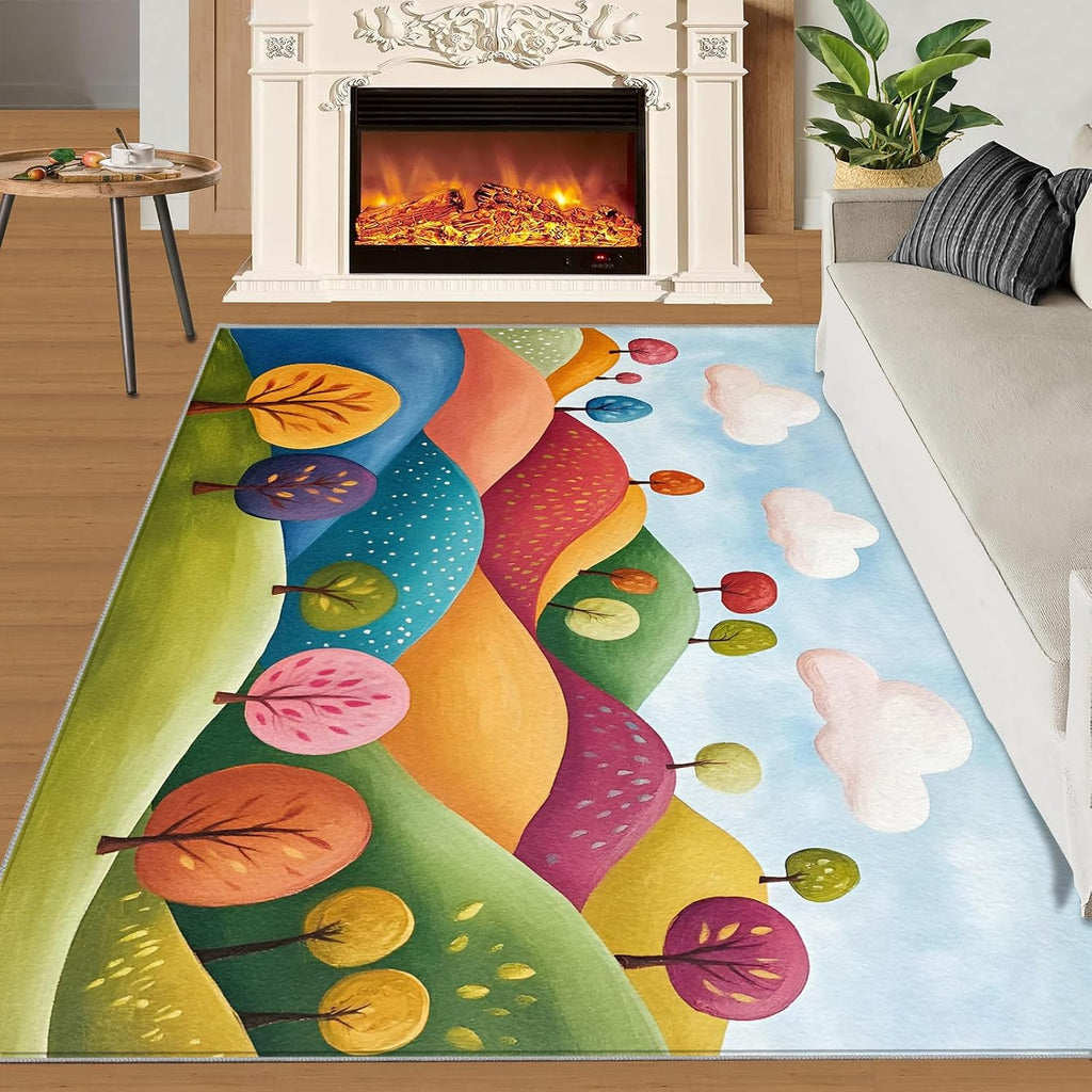 6x8 Cartoon Classroom Rugs - Fairytale Hills Playroom Rug, Childlike Fun Trees Carpet Area Rug for Girls Bedroom Kids Room Basement Office Classroom