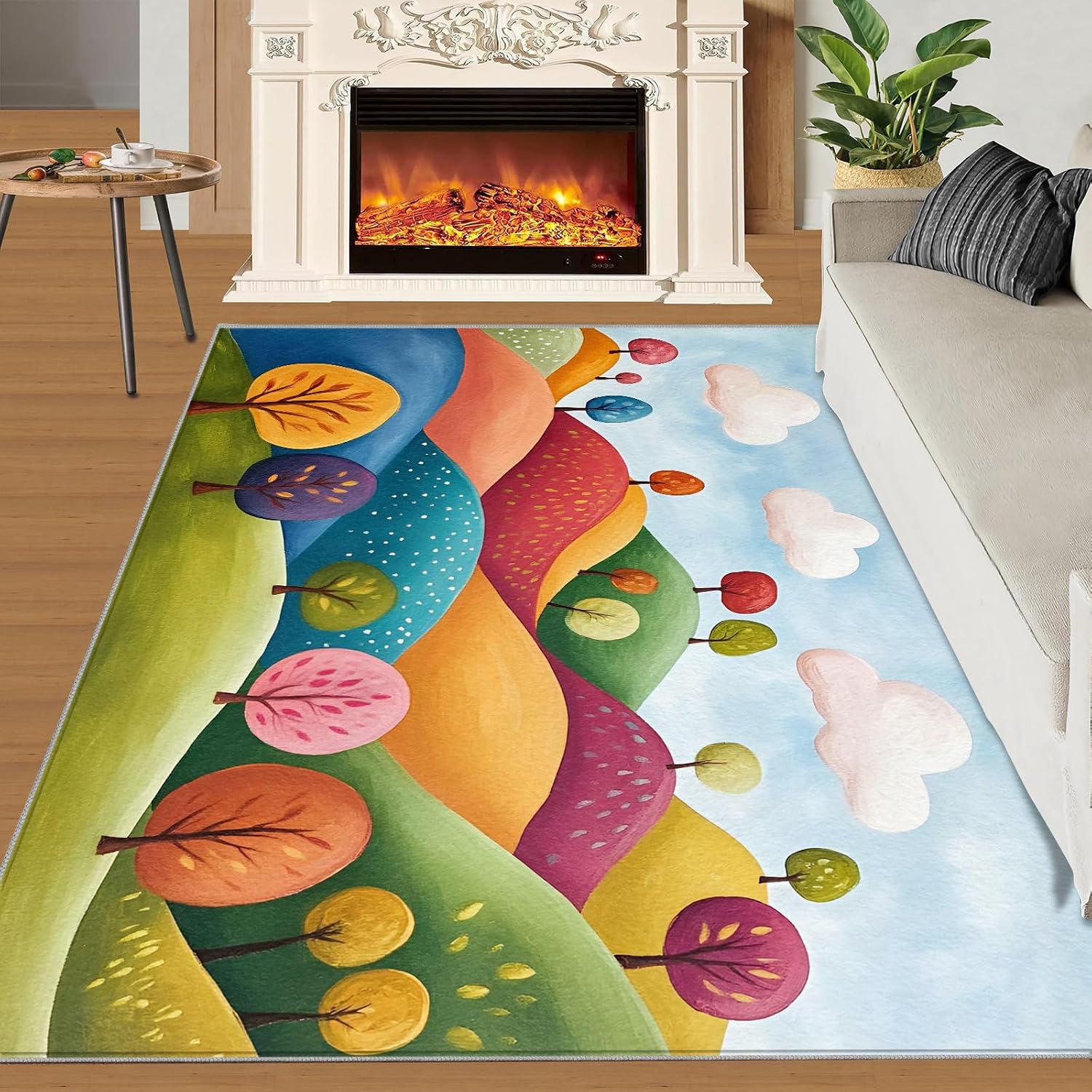 6x8 Cartoon Classroom Rugs - Fairytale Hills Playroom Rug, Childlike Fun Trees Carpet Area Rug for Girls Bedroom Kids Room Basement Office Classroom