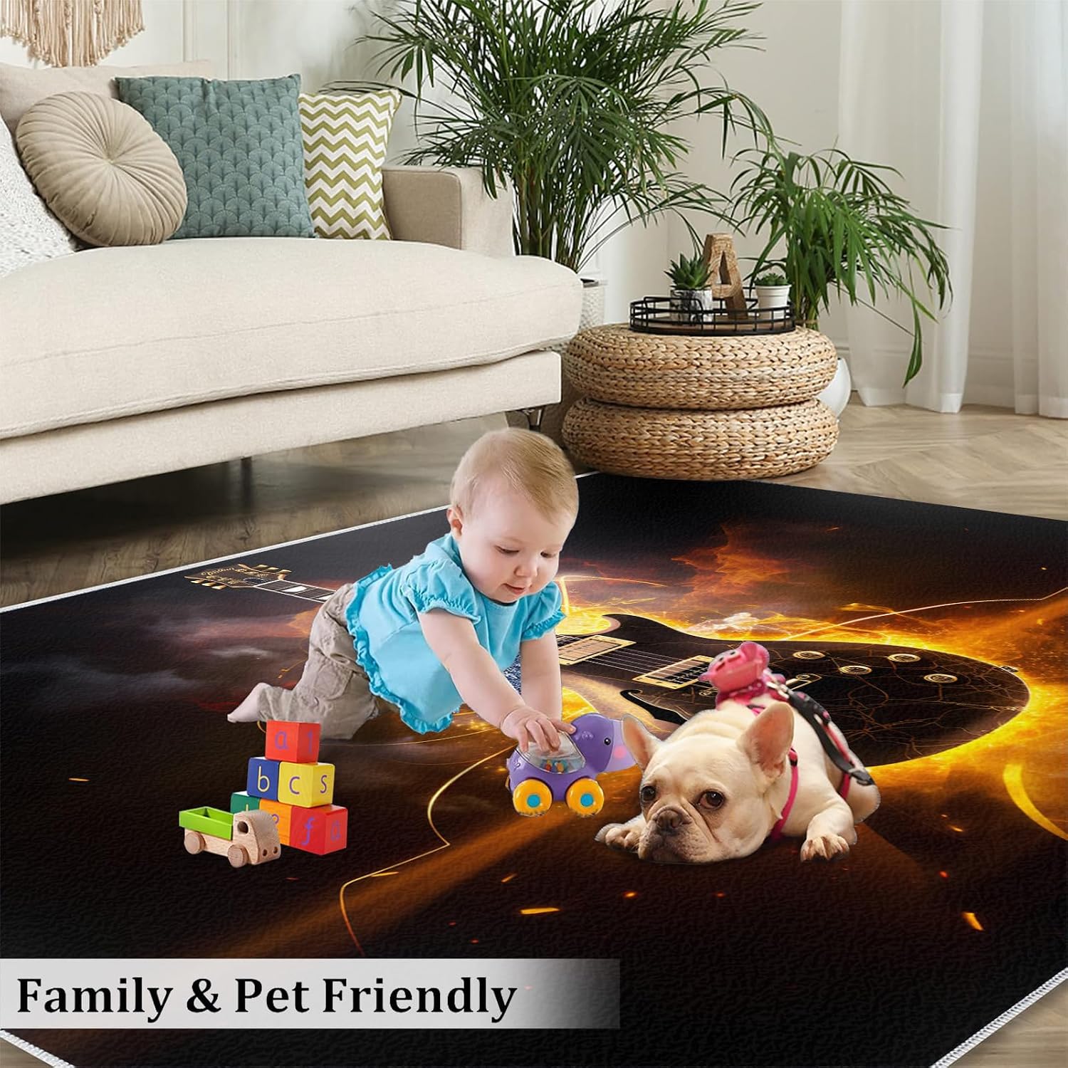 Guitar Rugs for Music Room - Boys Musical Rug, 5x6 Area Rug, Music Washable Rugs for Bedroom, Cool Gold Living Room Area Rug, Rock and Roll Home Decor, Electric Guitars Gifts for Men