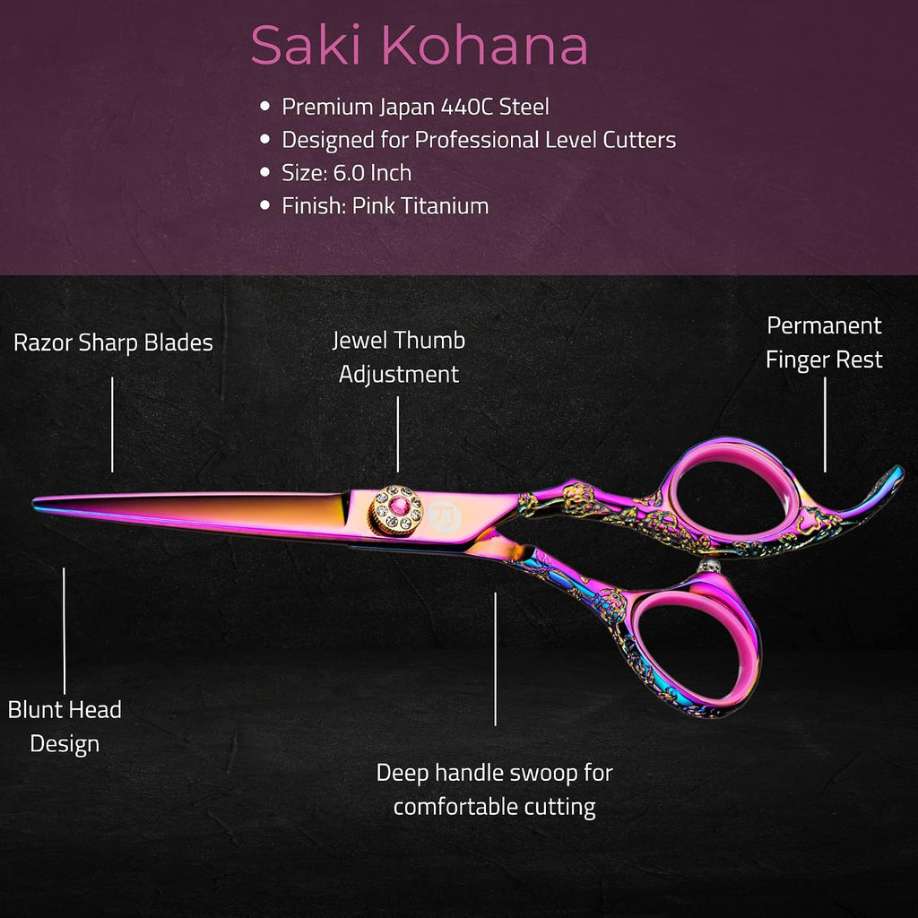 Saki Shears Kohana Professional Pink Hair Cutting Scissors - Sharp Hairdresser Shears With Pink Titanium Finish - Japanese 440C Steel