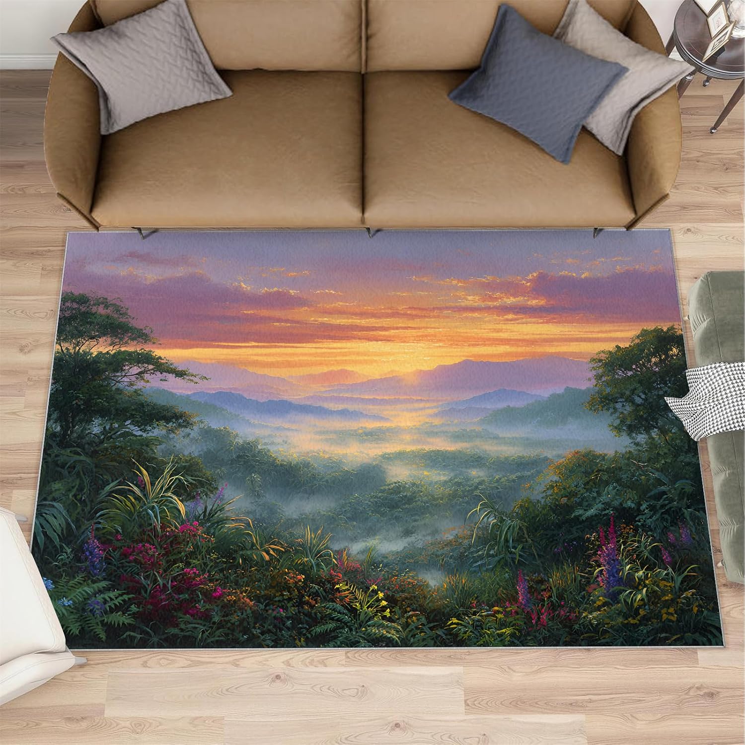 Forest Rugs for Bedroom, Tropical Forest Rug 6x8, Natural Scenery Dining Room Rugs Washable & Non Slip Large Carpet for Home Decor