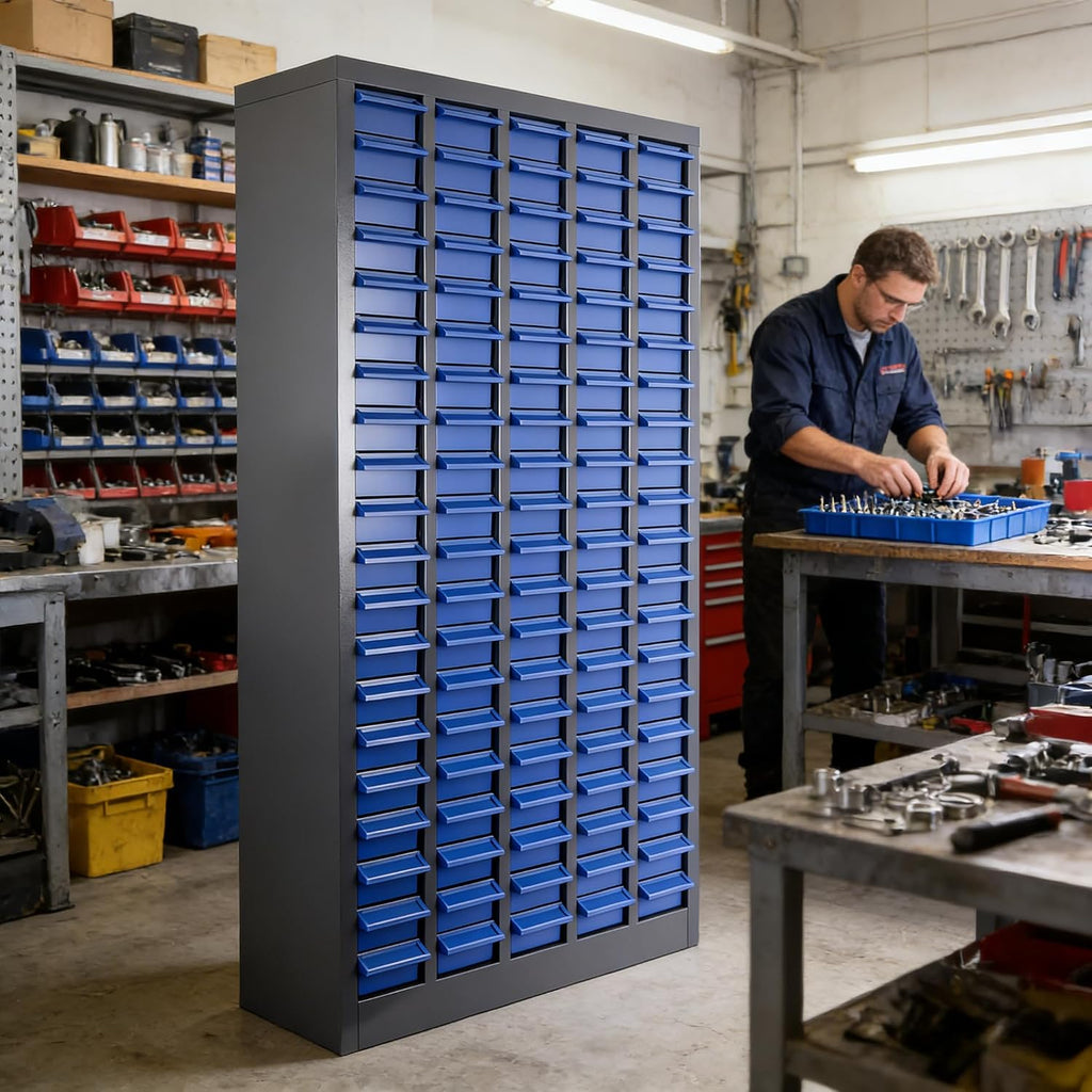 Nut and Bolt Organizer ABS Material, 100 Drawers Part Cabinet Bolt and Nut Tool Storage, 44.5LBS Weight Bolts Bin Tool with Drawer Dividers and Labels for Storing Tools and Parts