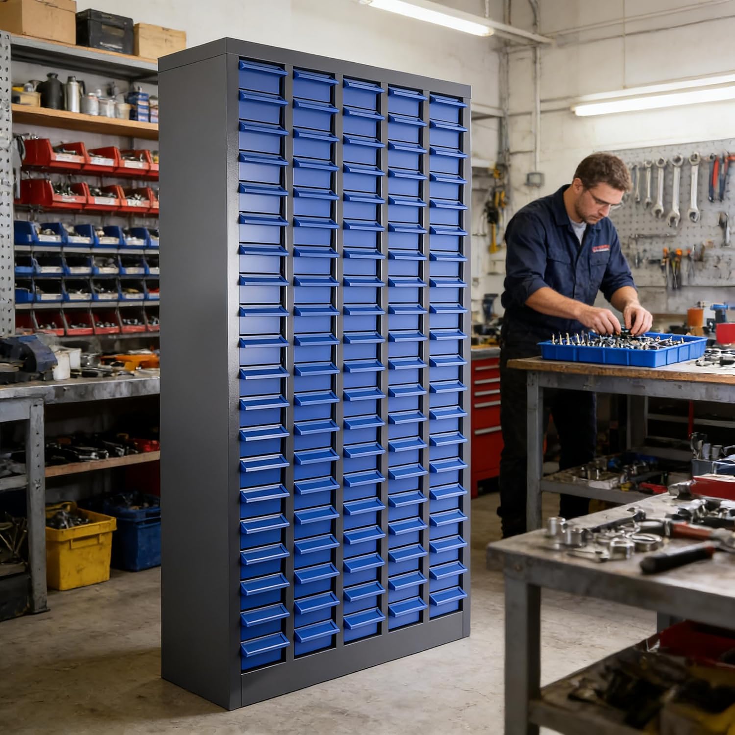 Nut and Bolt Organizer ABS Material, 100 Drawers Part Cabinet Bolt and Nut Tool Storage, 44.5LBS Weight Bolts Bin Tool with Drawer Dividers and Labels for Storing Tools and Parts