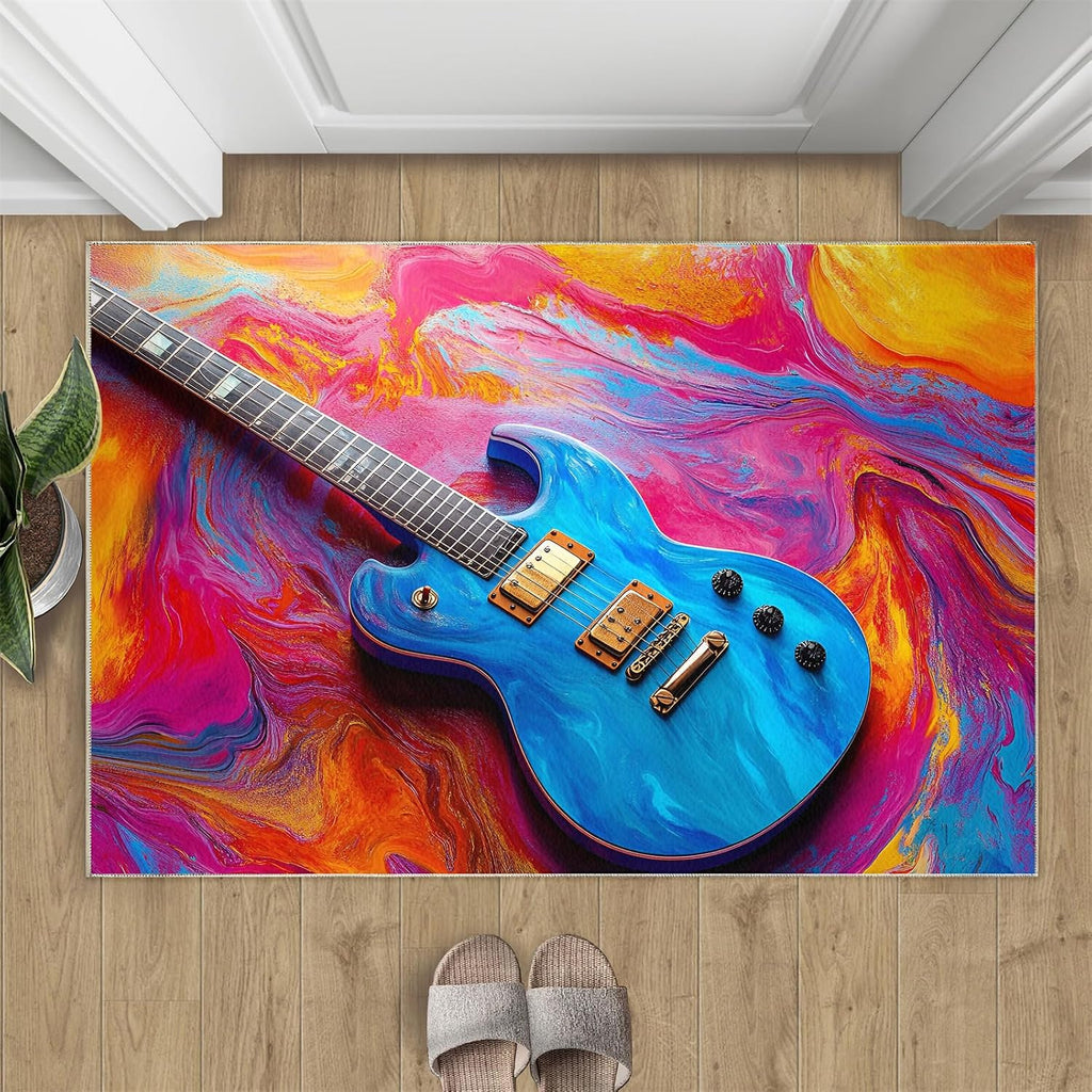 Guitar Area Rug 8x10-8x10 Rug, Colorful Rugs for Living Room, Music Carpet, Musical Instrument Washable Area Rugs for Bedroom, Boys Carpet, Guitar Home Decor